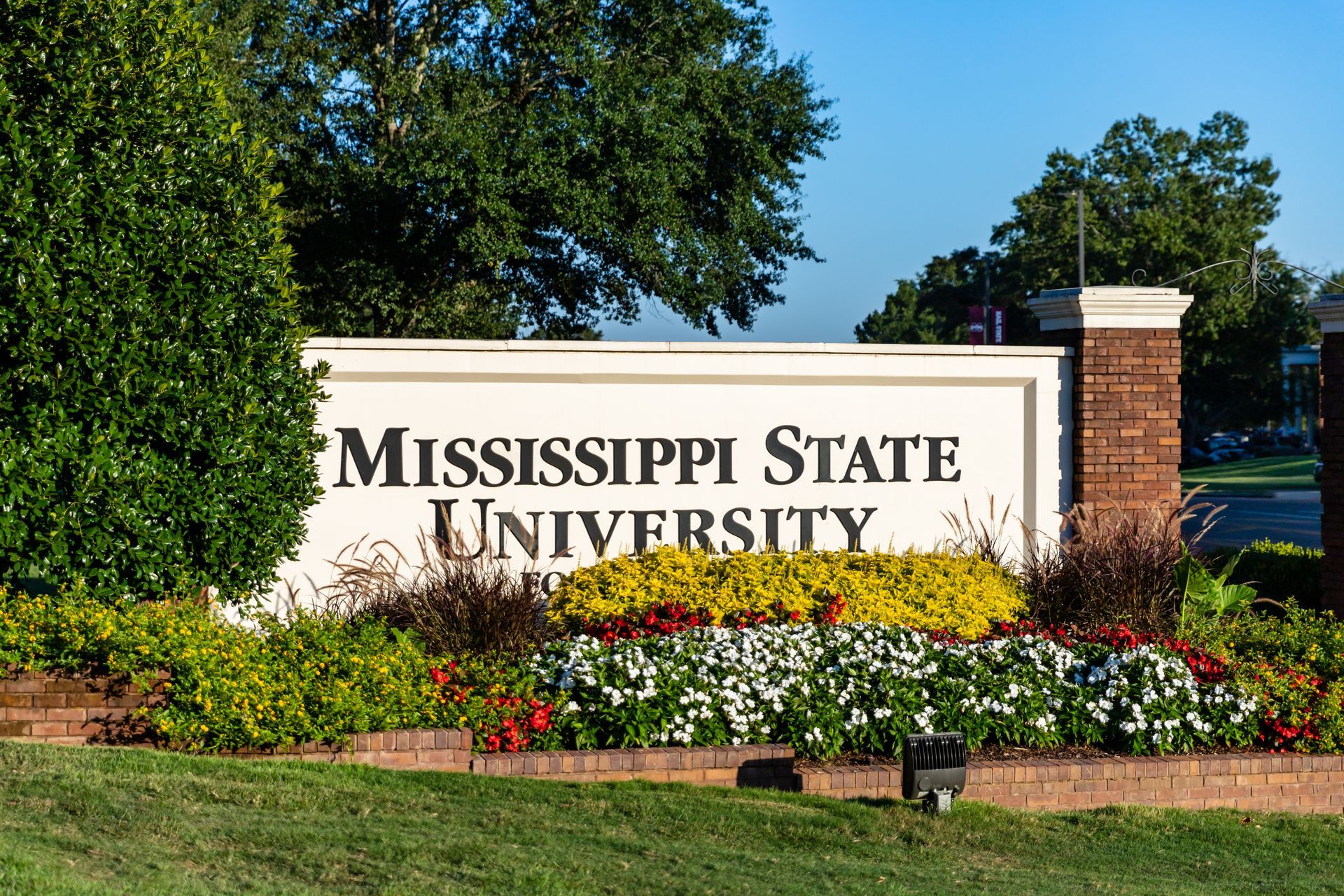 a sign for mississippi state university is surrounded by flowers