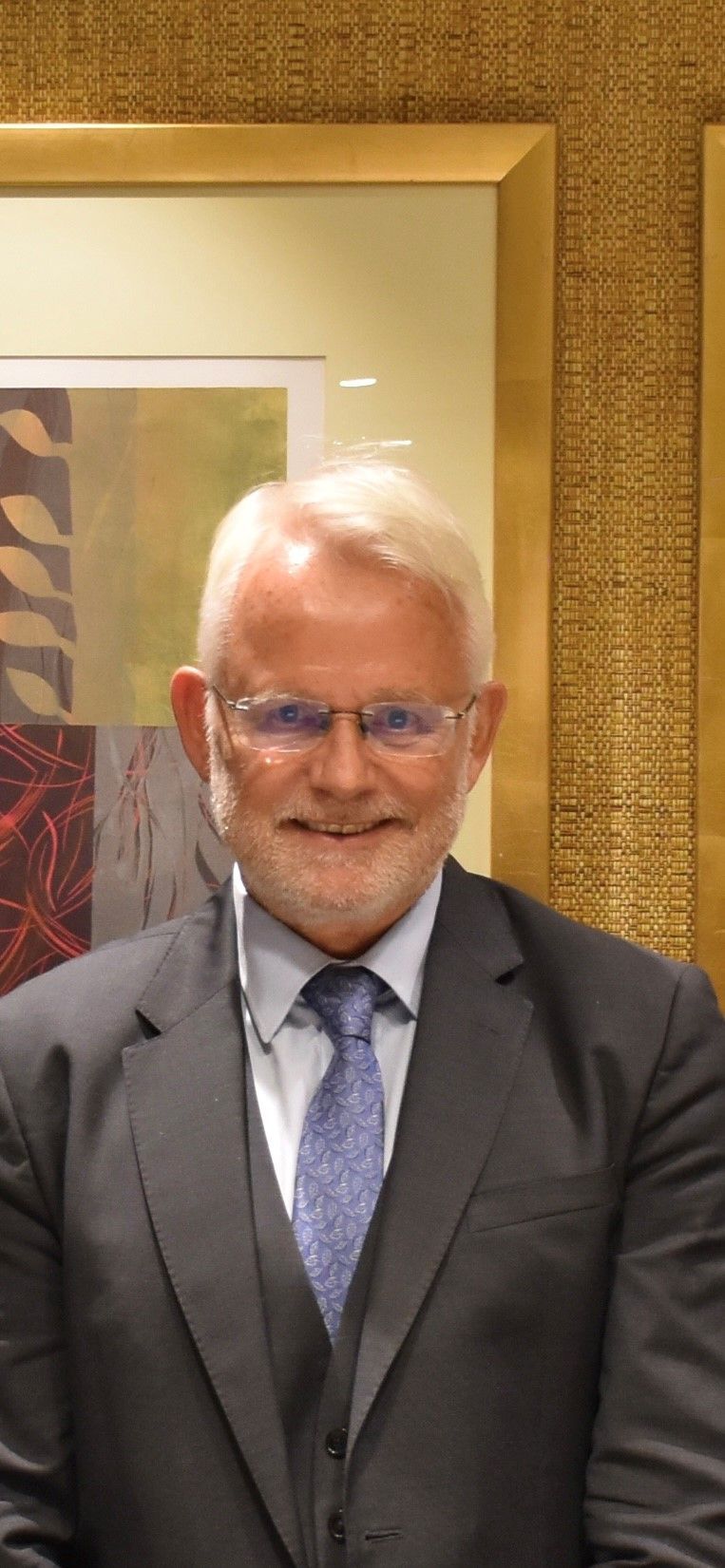 Ein Mann im Anzug mit Krawatte lächelt vor einem gerahmten Bild mit Goldrand und einer gemusterten Wand.