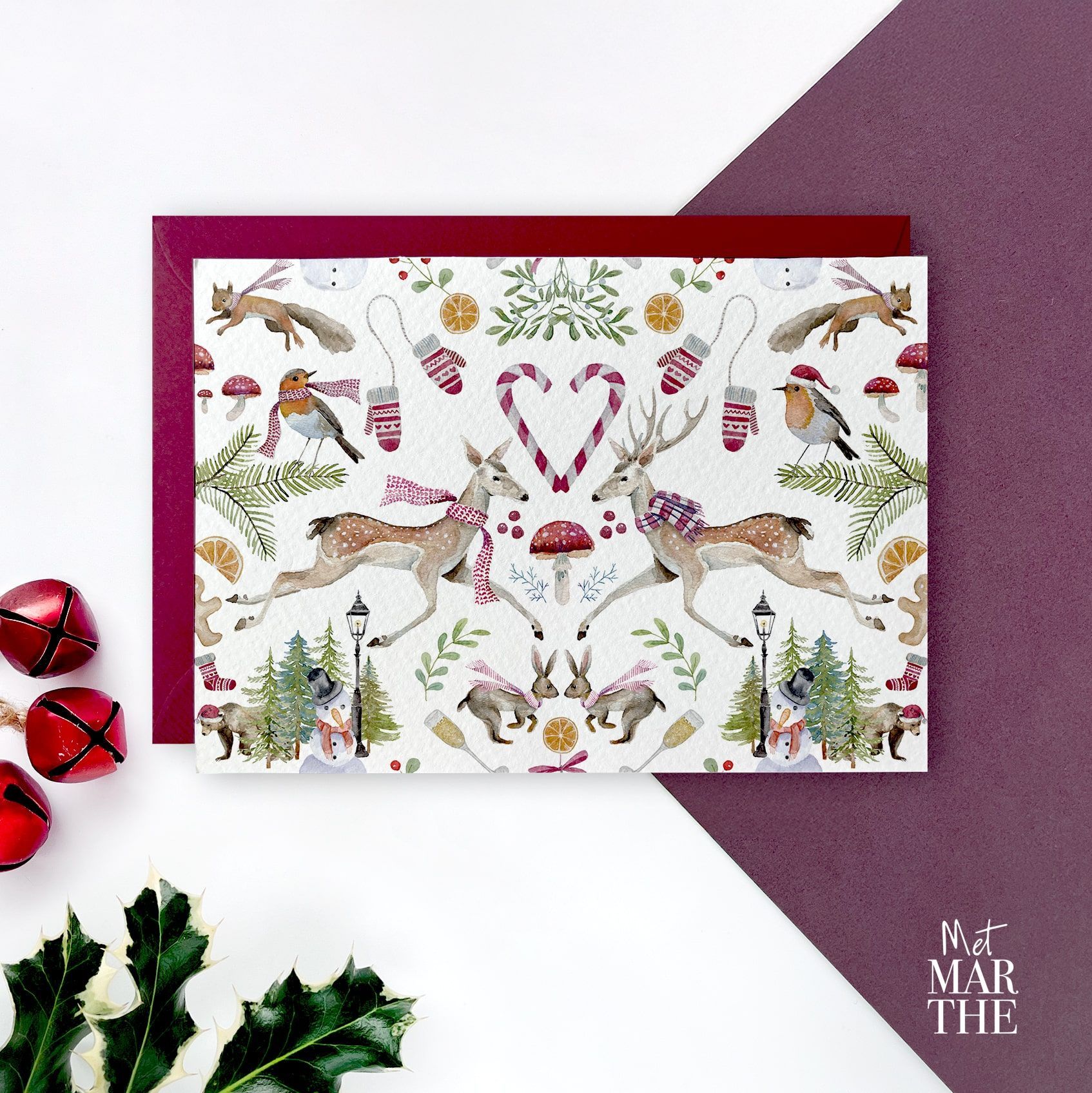 kerstkaarten, aquarel, handgeschilderde dieren en kerst elementen, kerst humor, wenskaarten