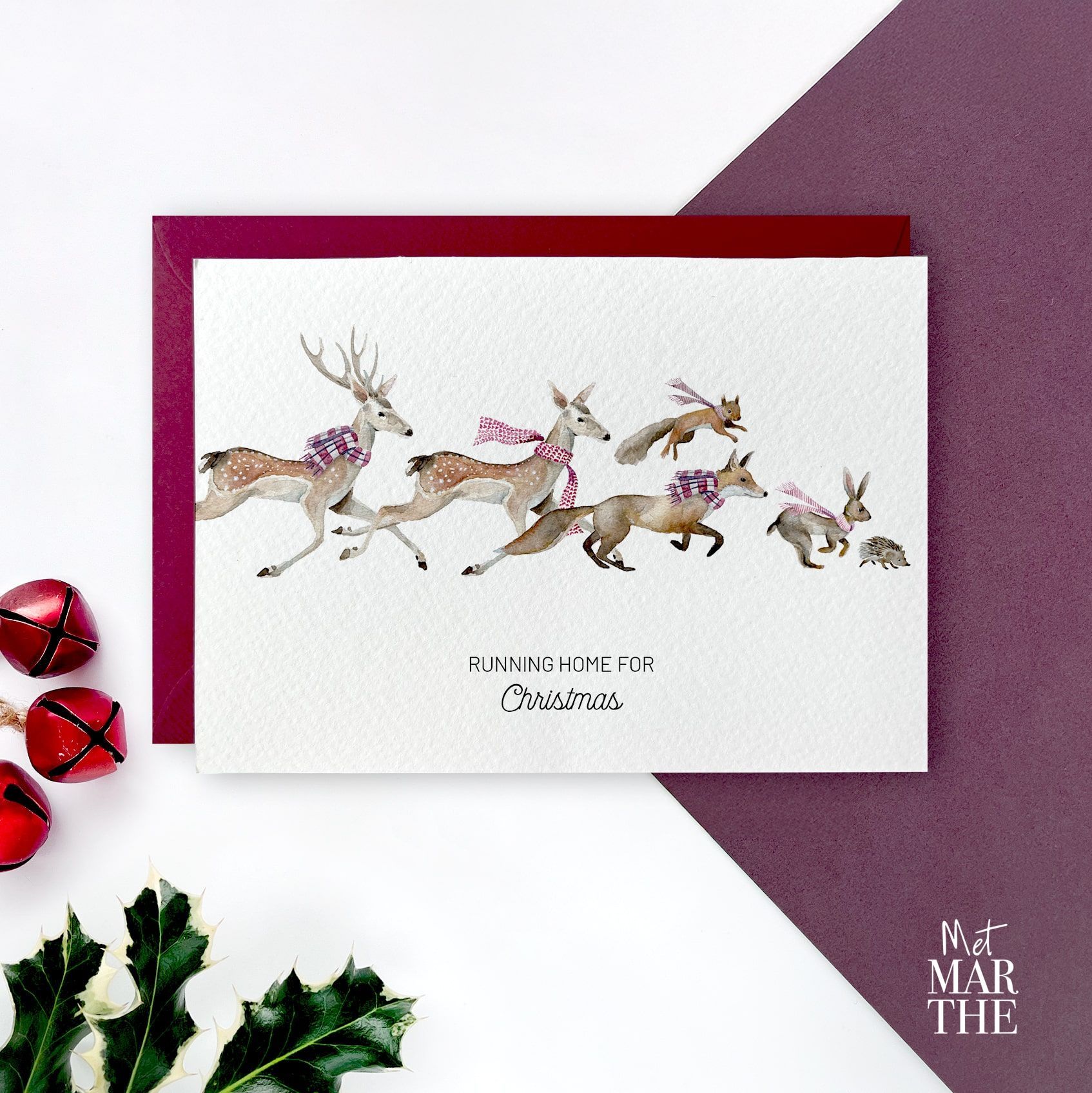 kerstkaarten, aquarel, handgeschilderde dieren en kerst elementen, kerst humor, wenskaarten