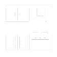 A black and white drawing of a kitchen with a stove and a sink.