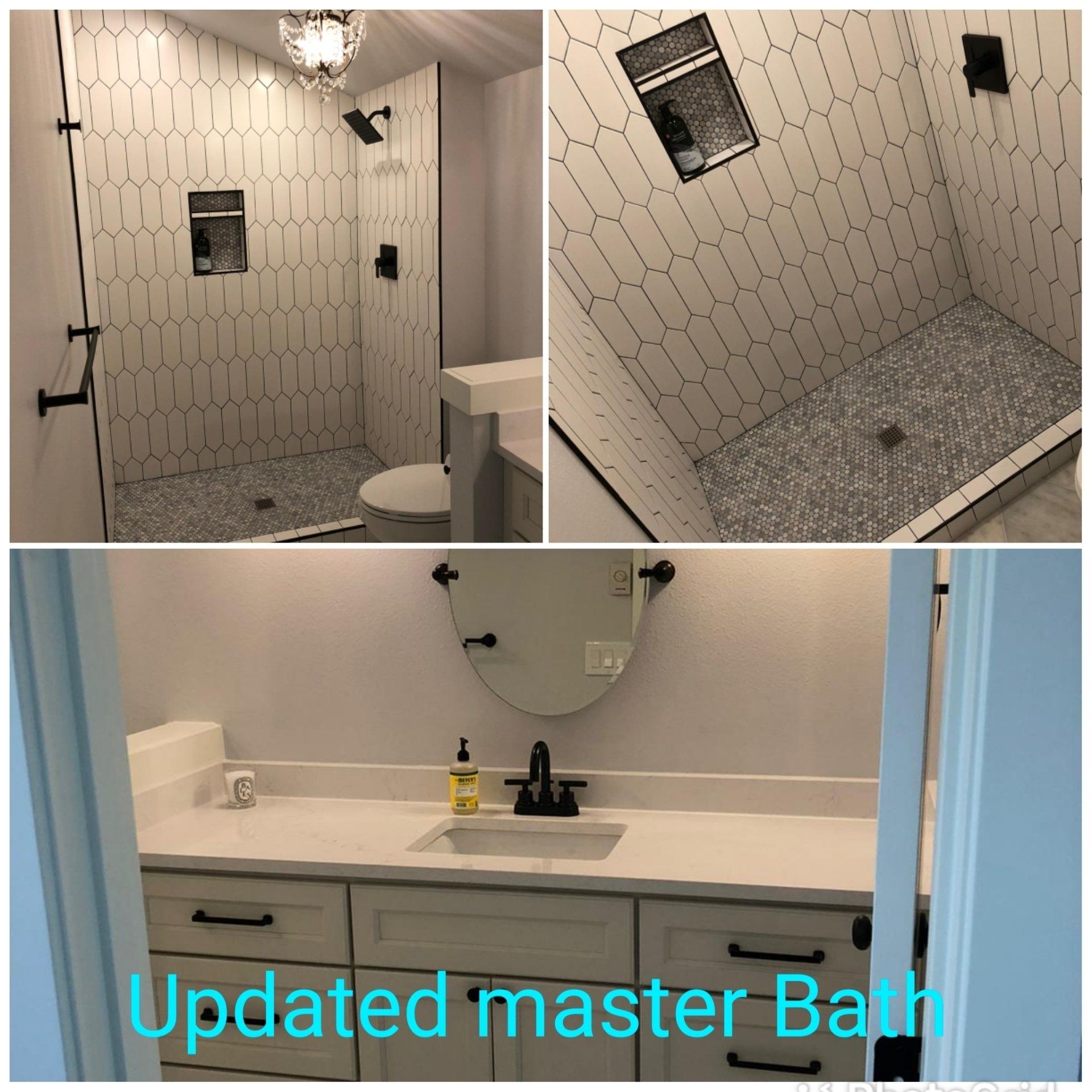 A bathroom with a sink , toilet , shower and mirror.