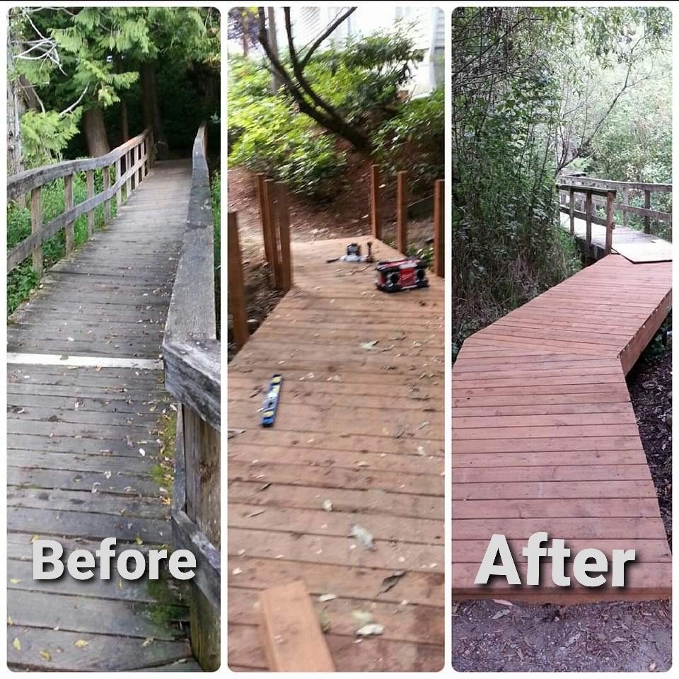 A before and after photo of a wooden walkway.