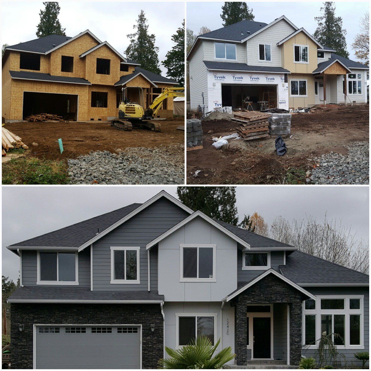 A collage of three pictures of a house under construction