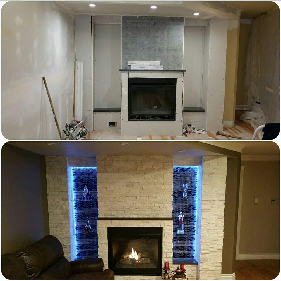 A before and after picture of a fireplace in a living room.