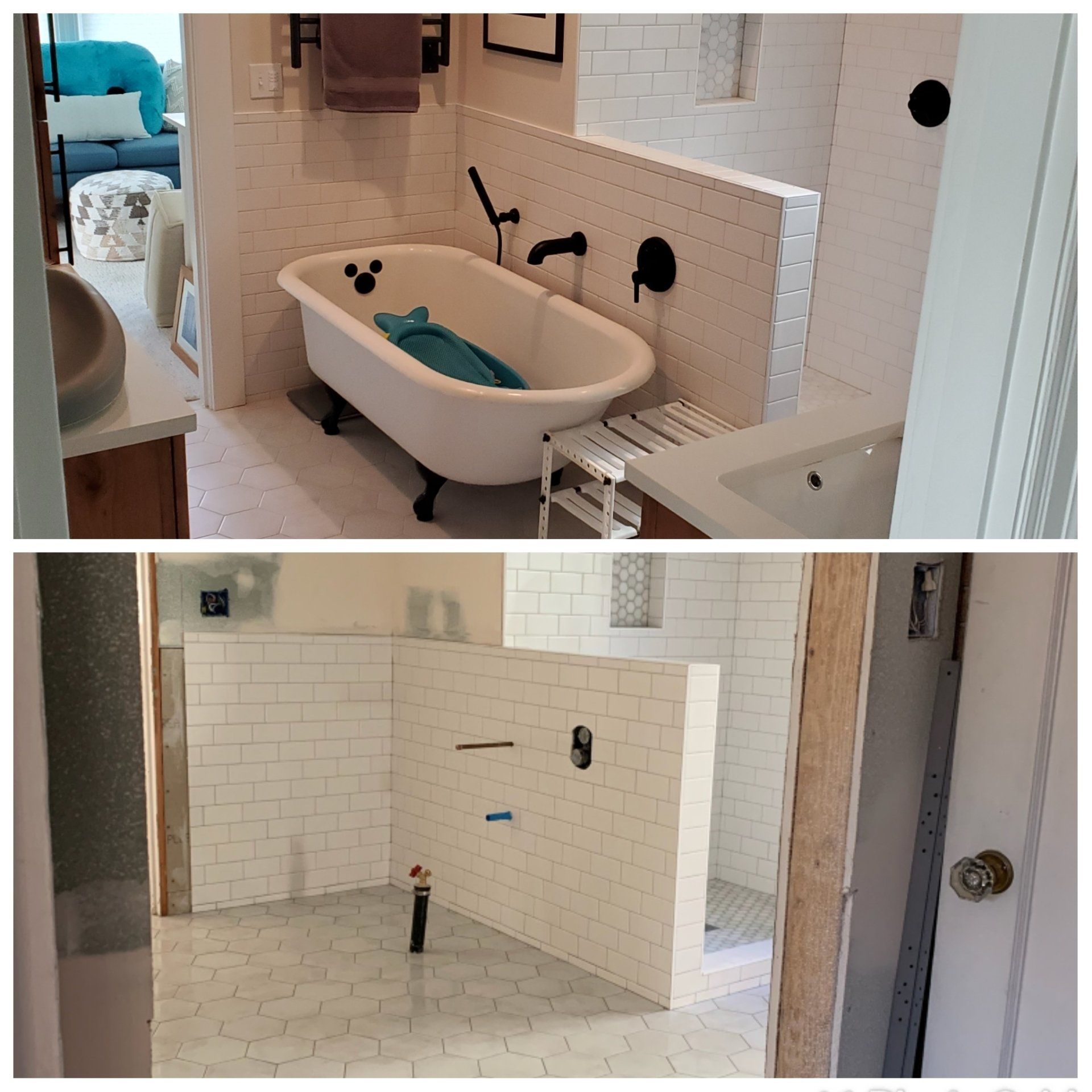 A before and after photo of a bathroom with a bathtub