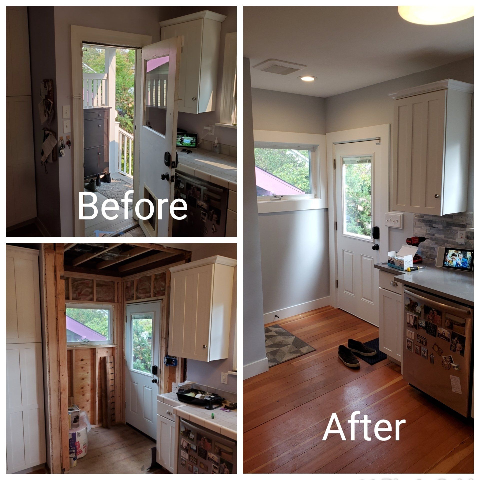 A before and after photo of a kitchen with white cabinets