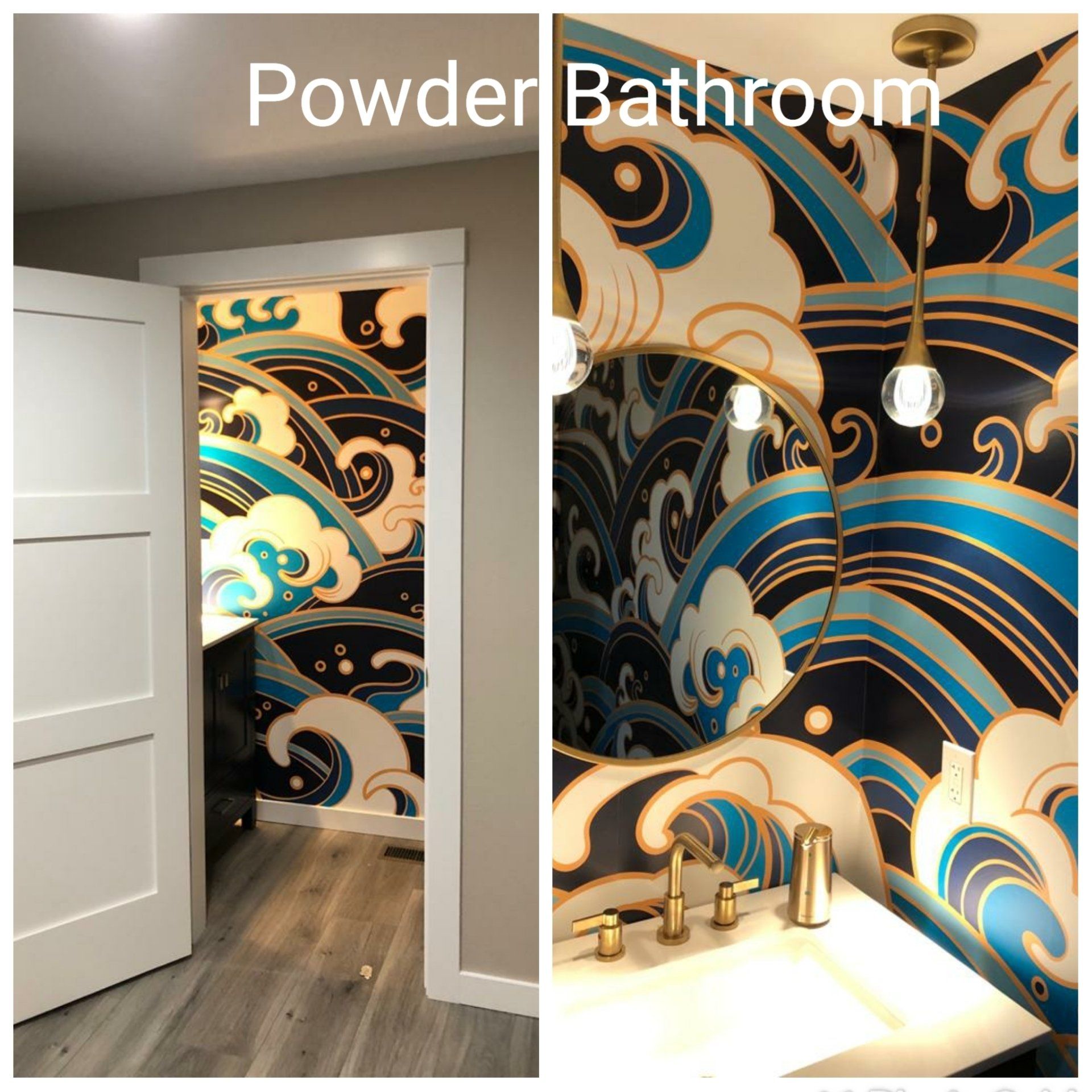 A powder bathroom with a mural on the wall
