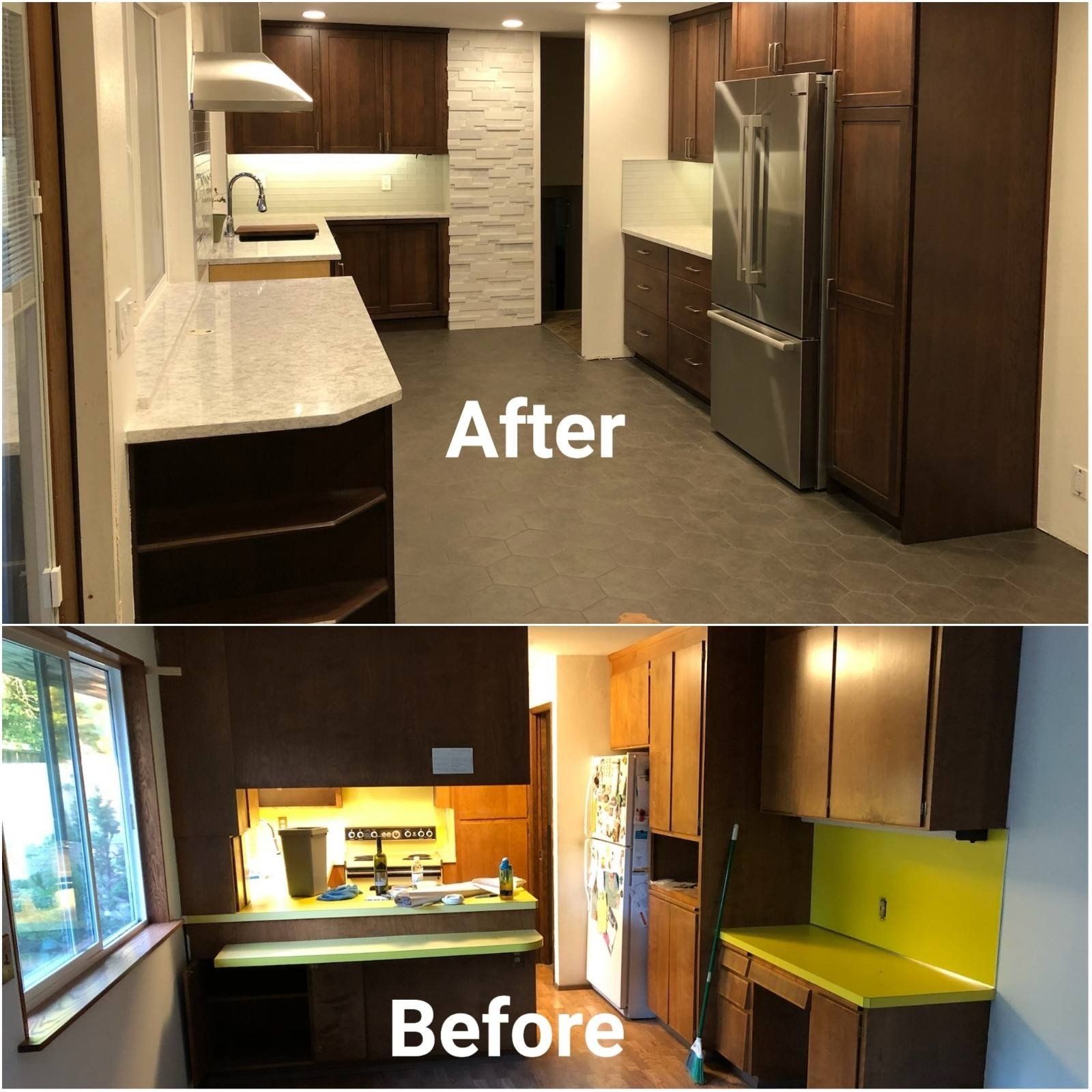 A before and after photo of a kitchen with stainless steel appliances