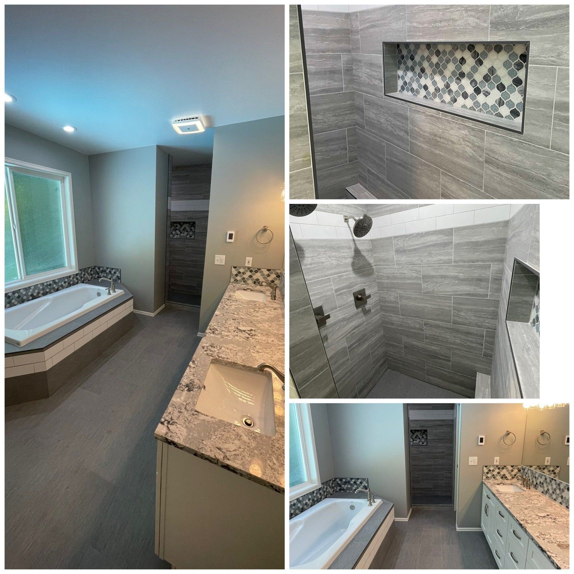 A bathroom with two sinks and a bathtub