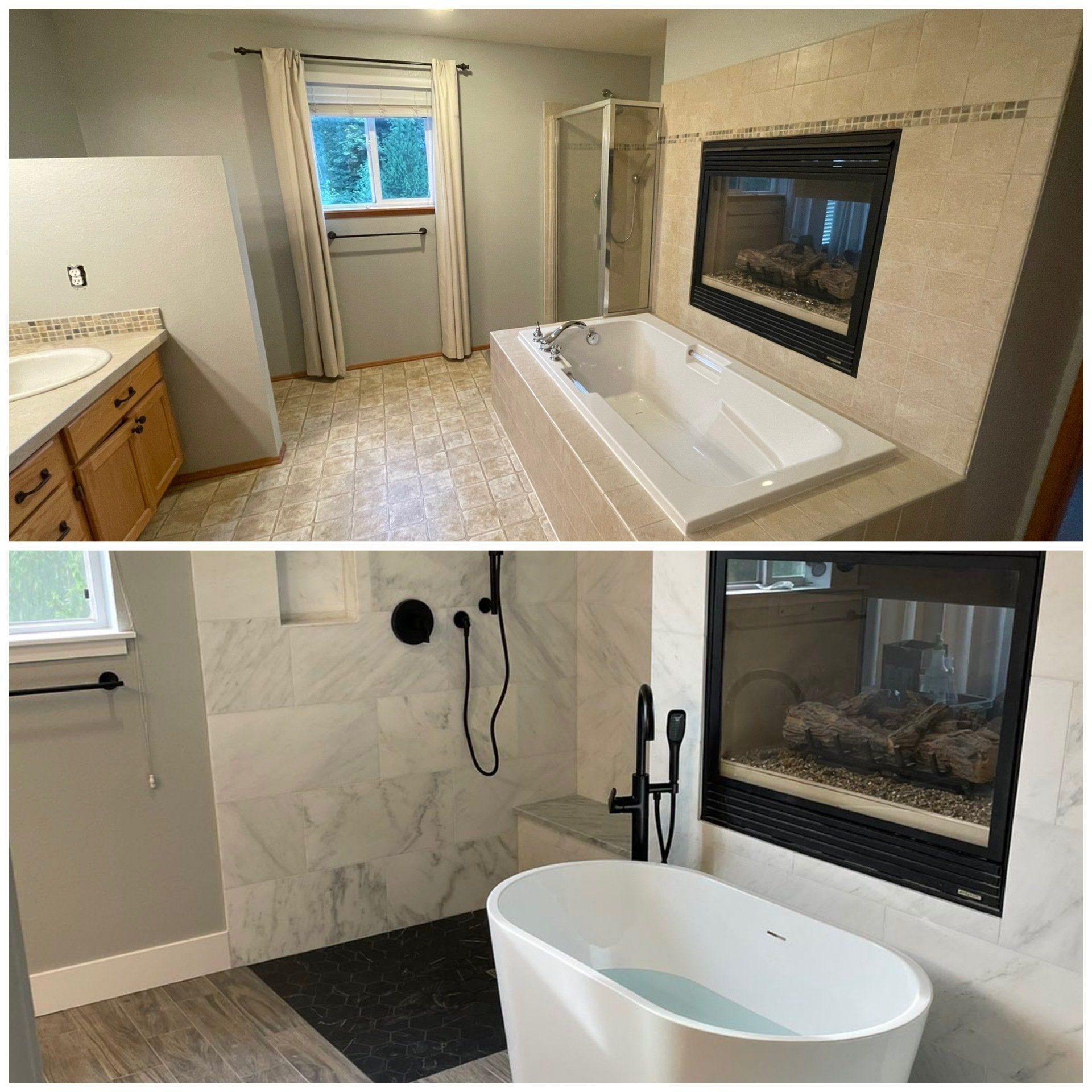A bathroom with a bathtub and a fireplace.