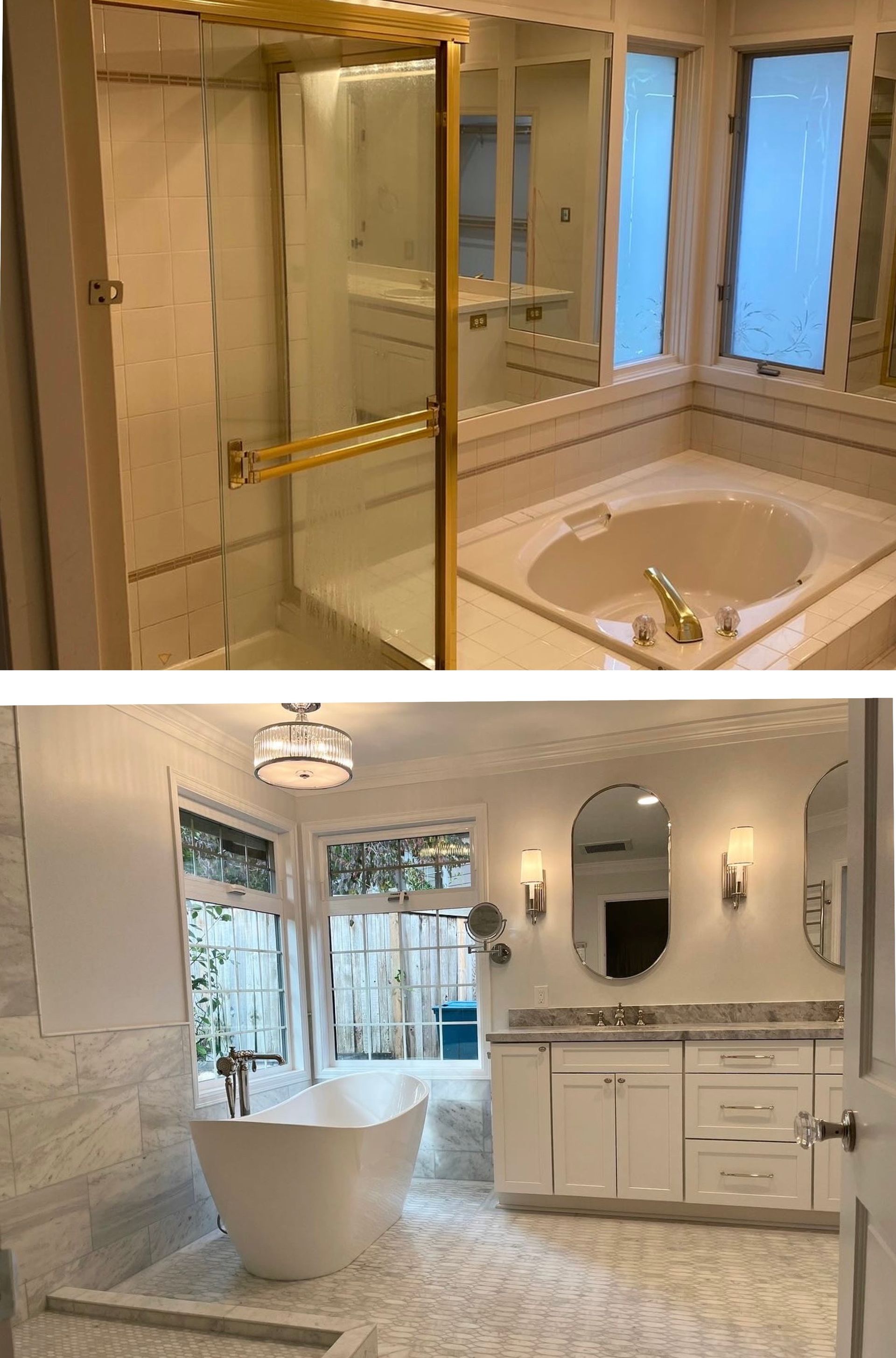 A before and after photo of a bathroom with a tub and a shower.