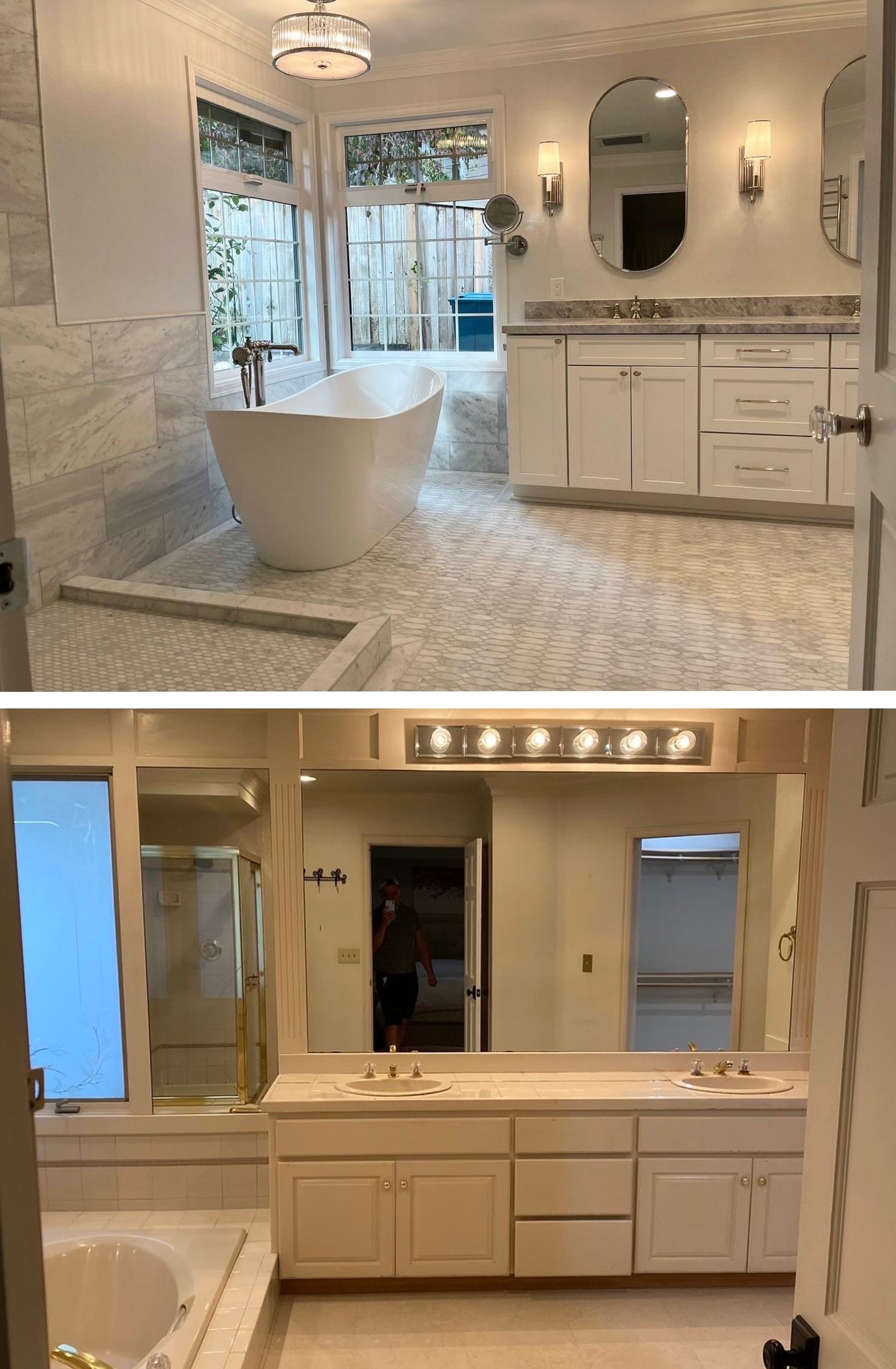 A bathroom before and after being remodeled with a tub , sinks , and mirrors.