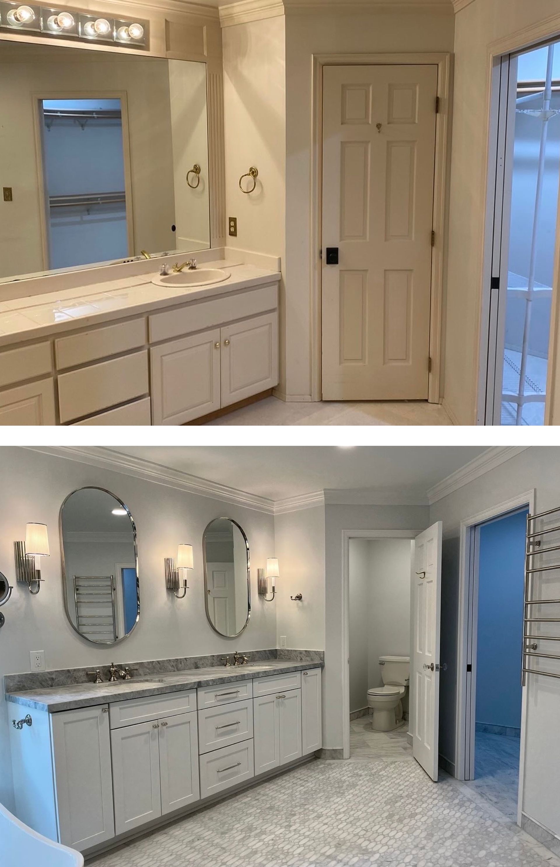 Two pictures of a bathroom before and after being remodeled.
