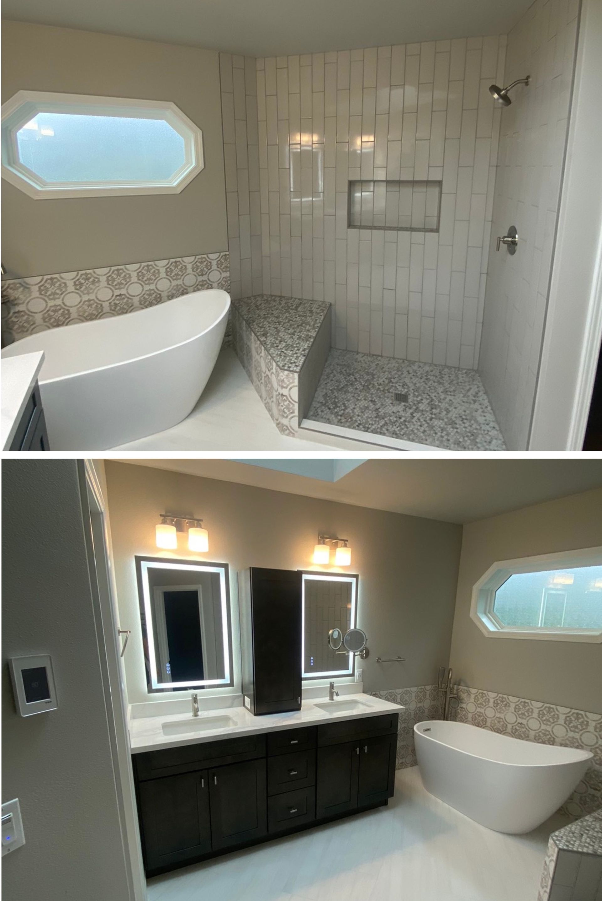 A bathroom with a tub , sink , and shower.