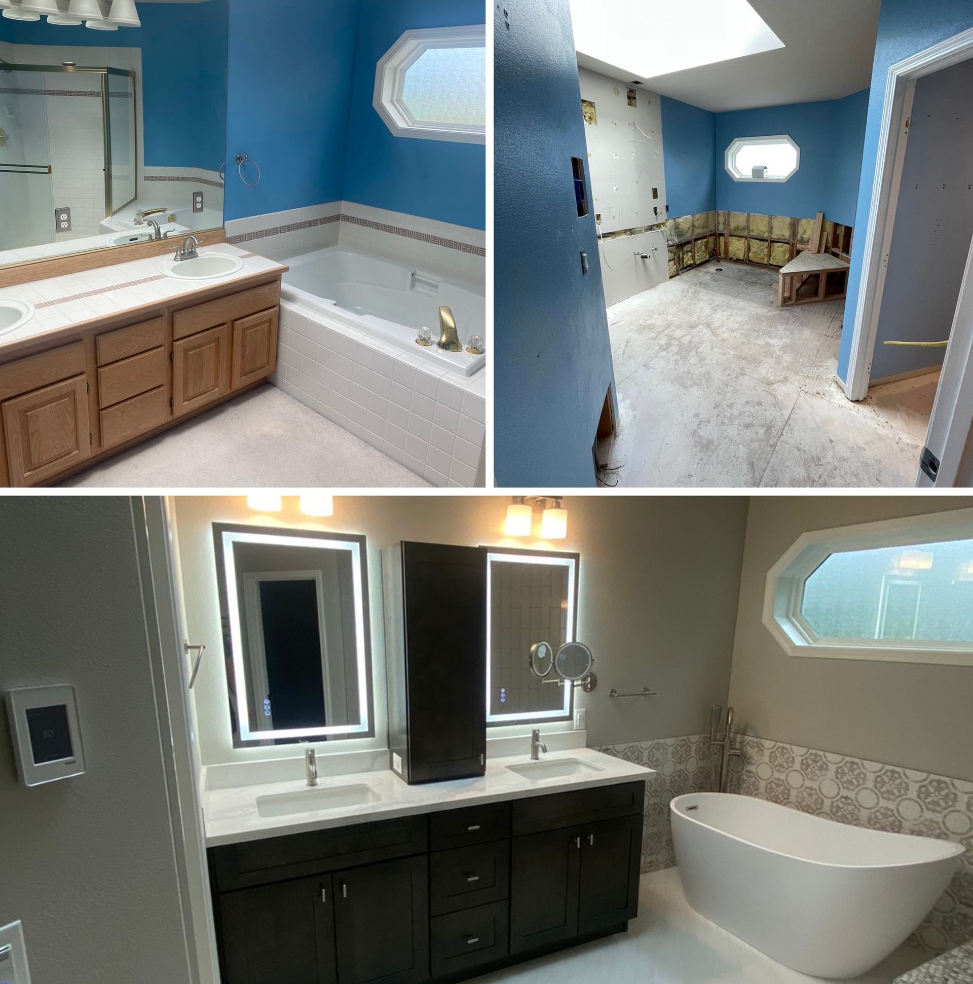 A bathroom with a bathtub and two sinks