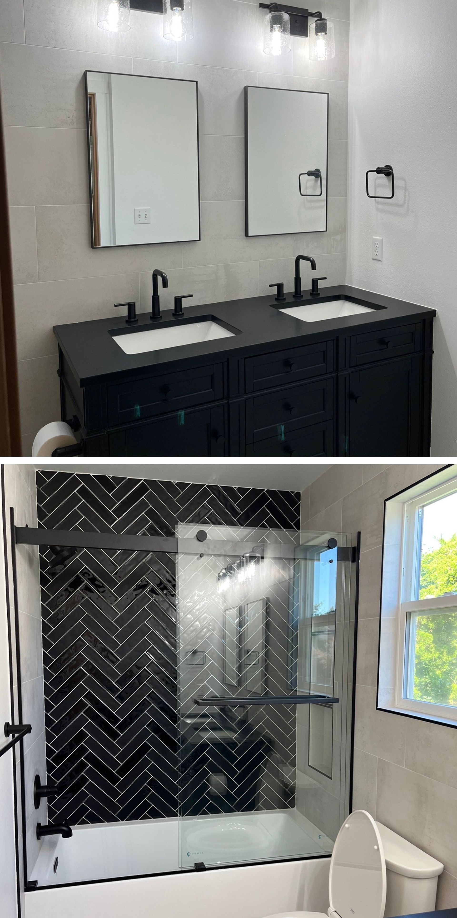 A bathroom with two sinks , a shower , and a toilet.