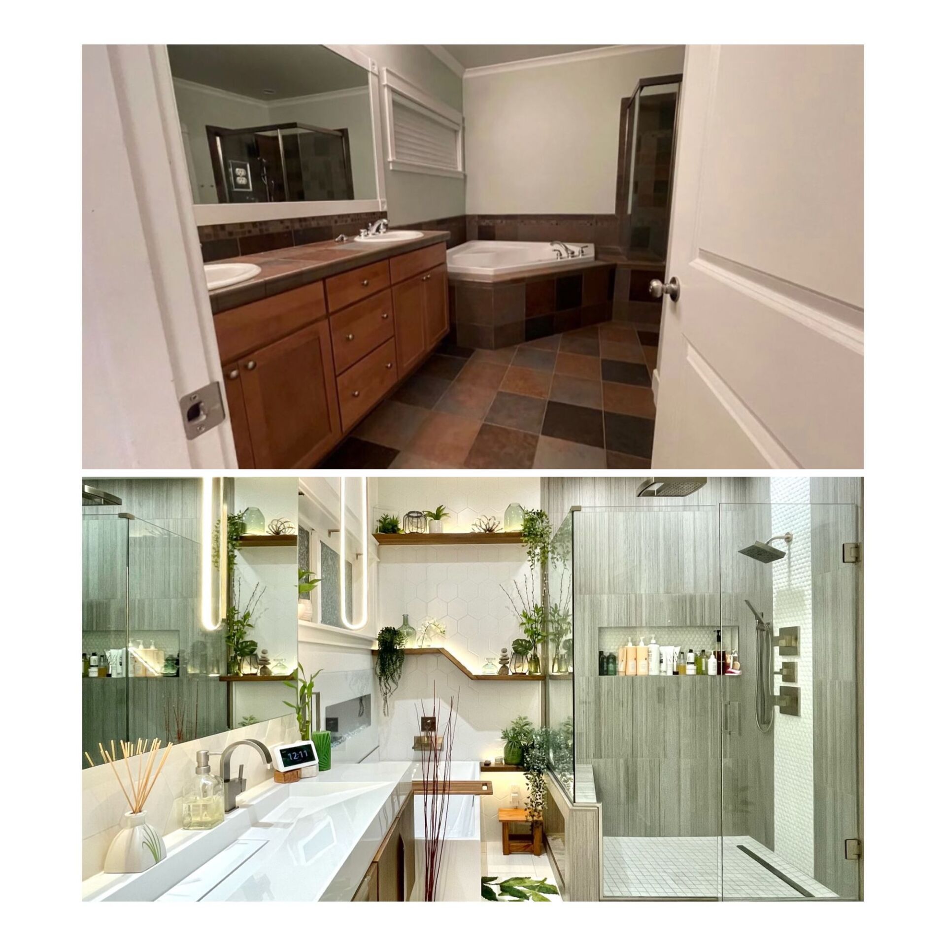 A before and after photo of a bathroom with two sinks and a walk in shower.