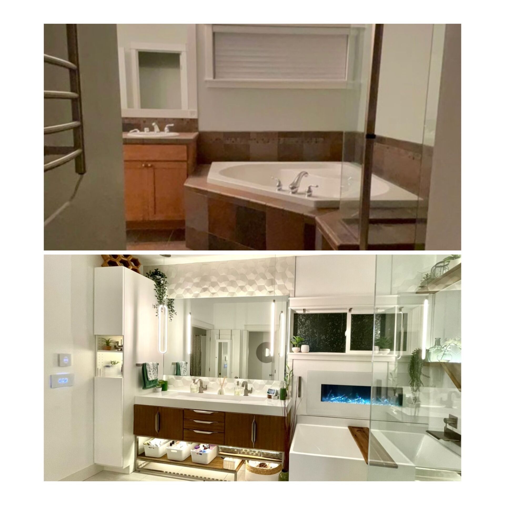 A before and after photo of a bathroom with a tub and a fireplace.