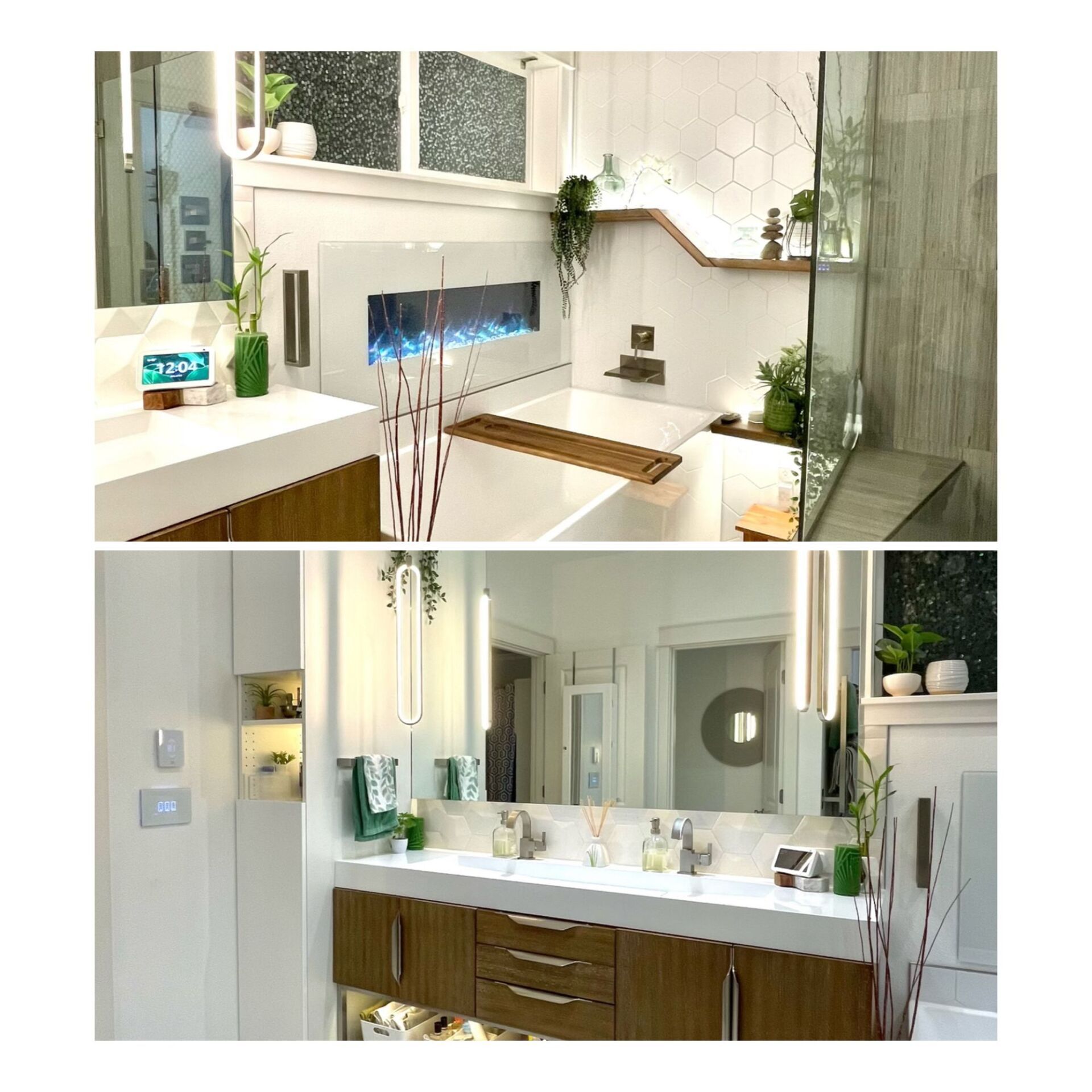 A bathroom with two sinks and a fireplace