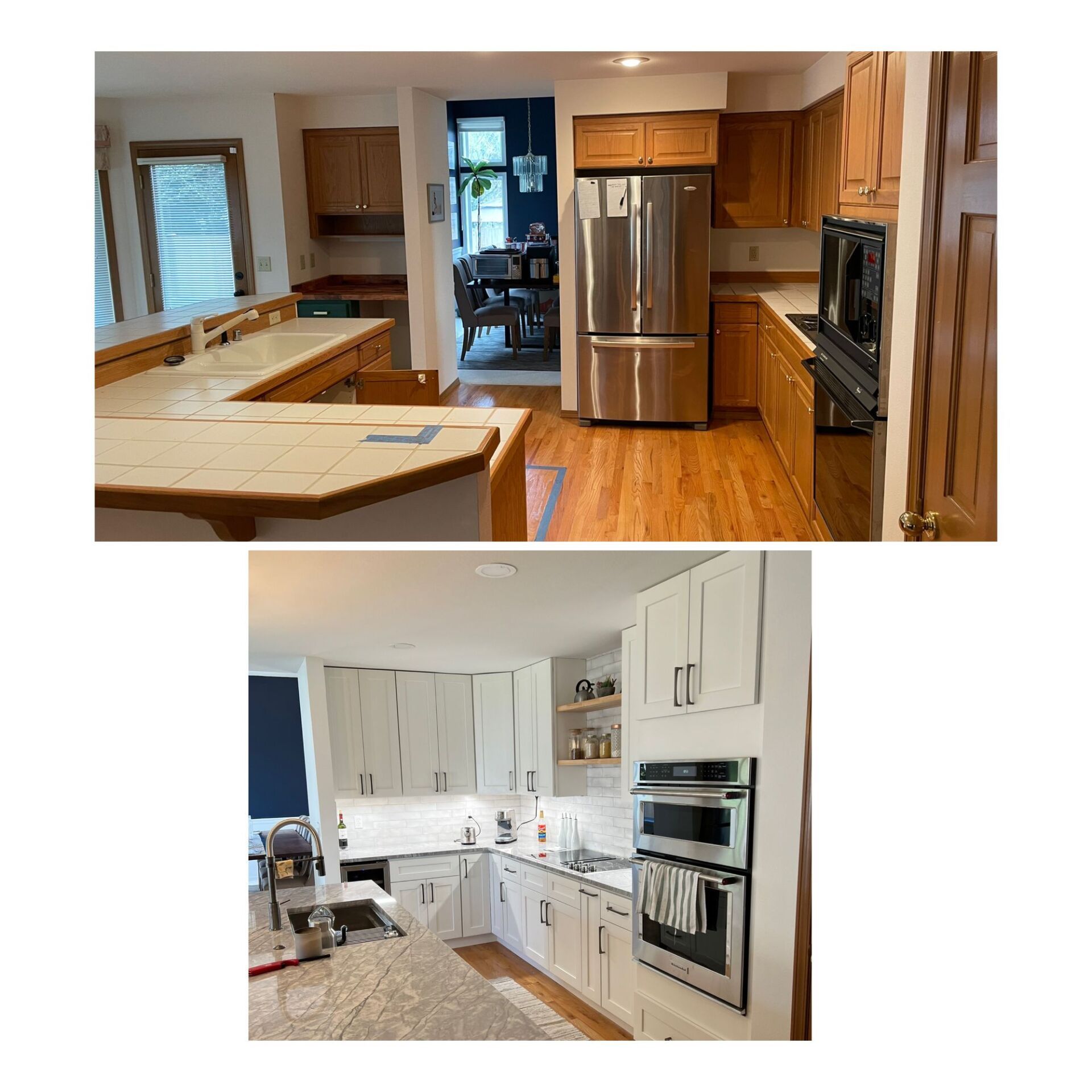A before and after photo of a kitchen with wooden cabinets and stainless steel appliances.
