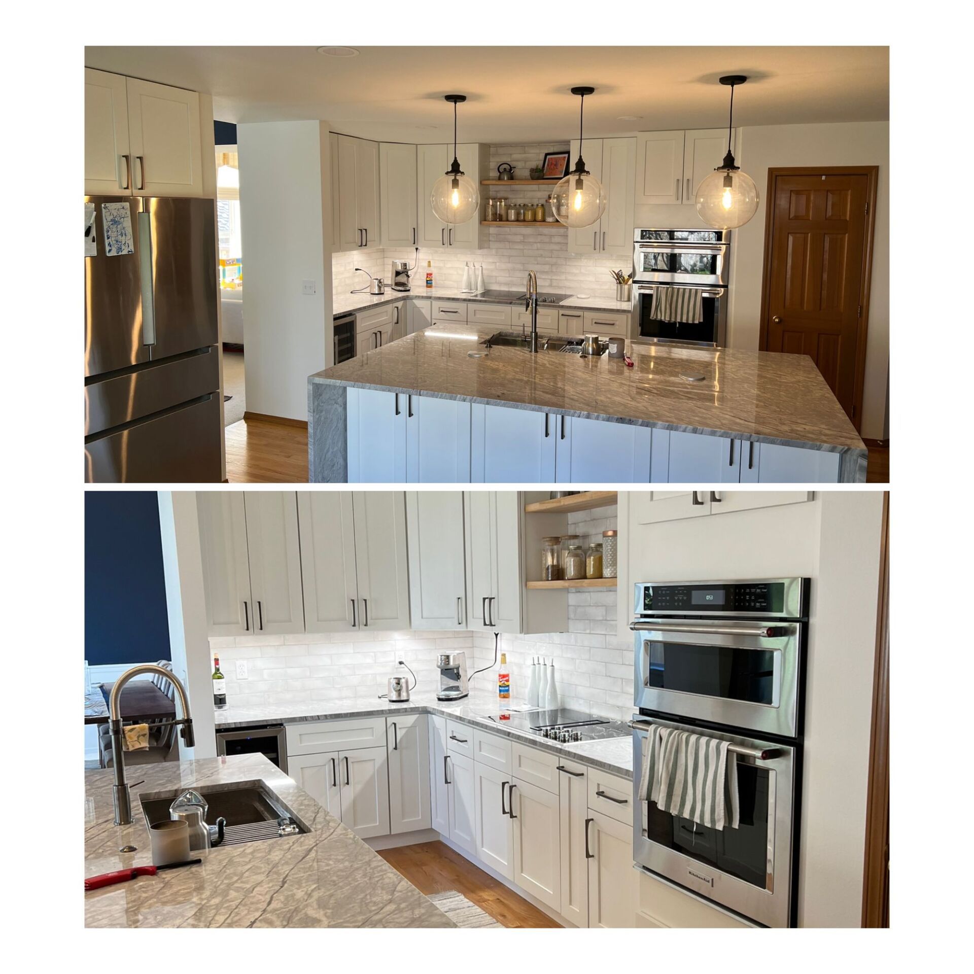 A before and after photo of a kitchen with white cabinets and granite counter tops.