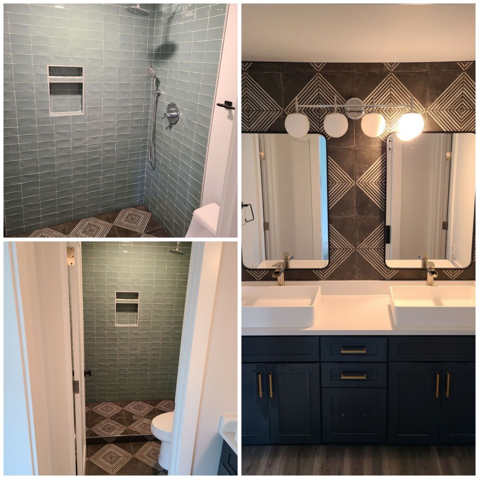 A bathroom with a walk in shower and two sinks