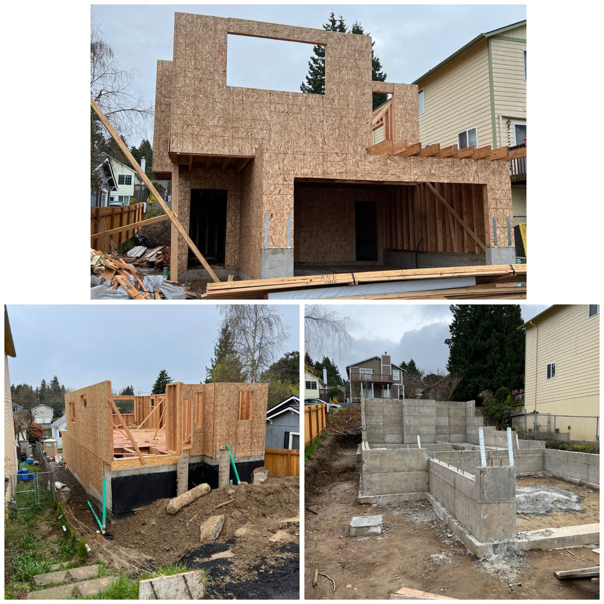 A collage of three pictures of a house under construction