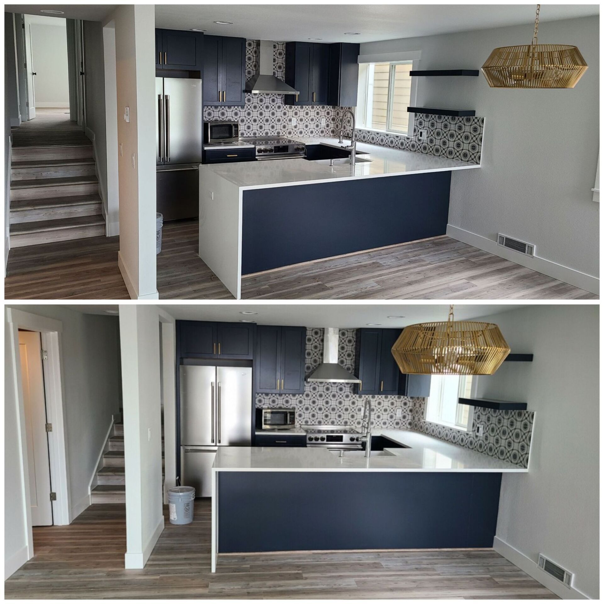 A before and after photo of a kitchen with blue cabinets and white counter tops.