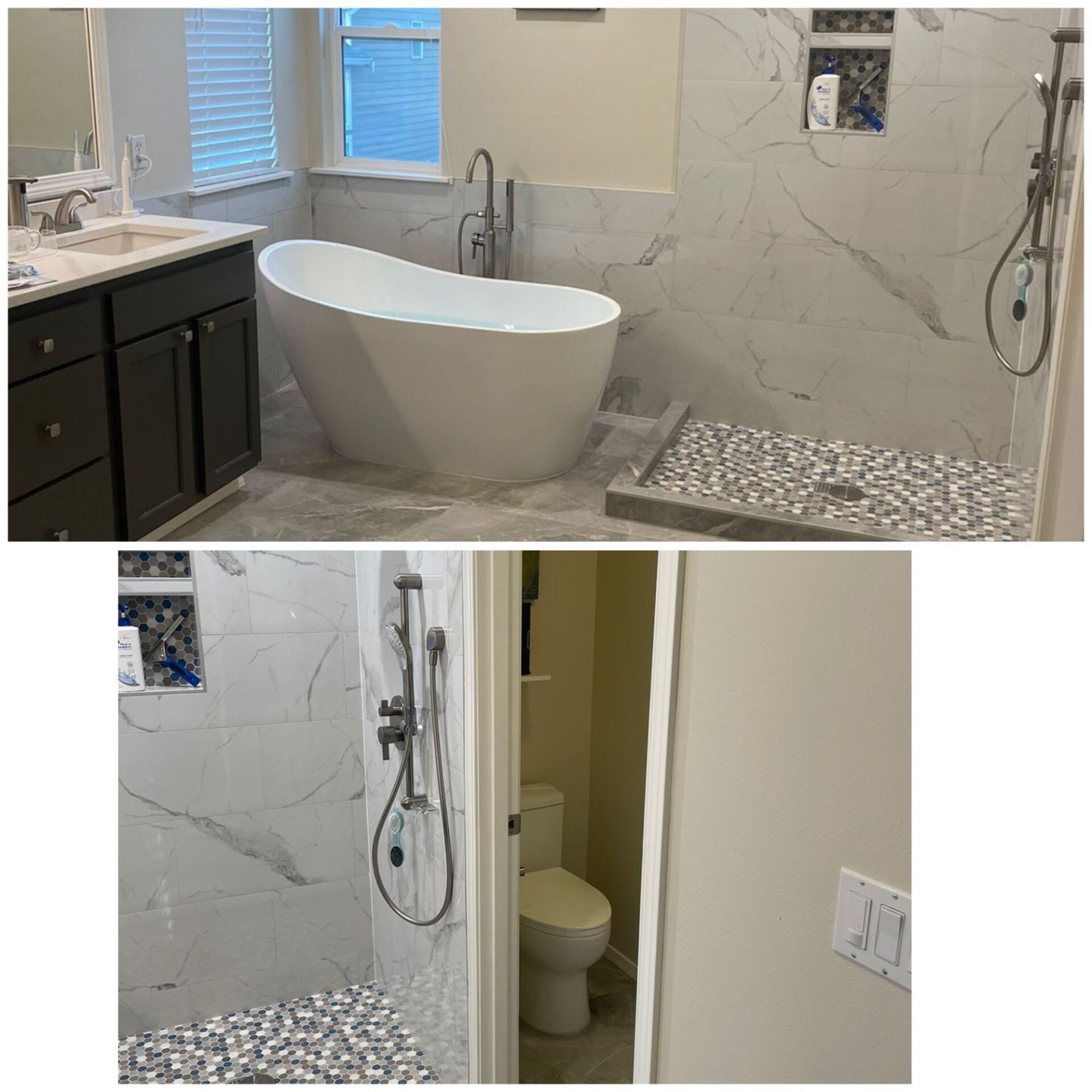 A bathroom with a bathtub , toilet and shower.