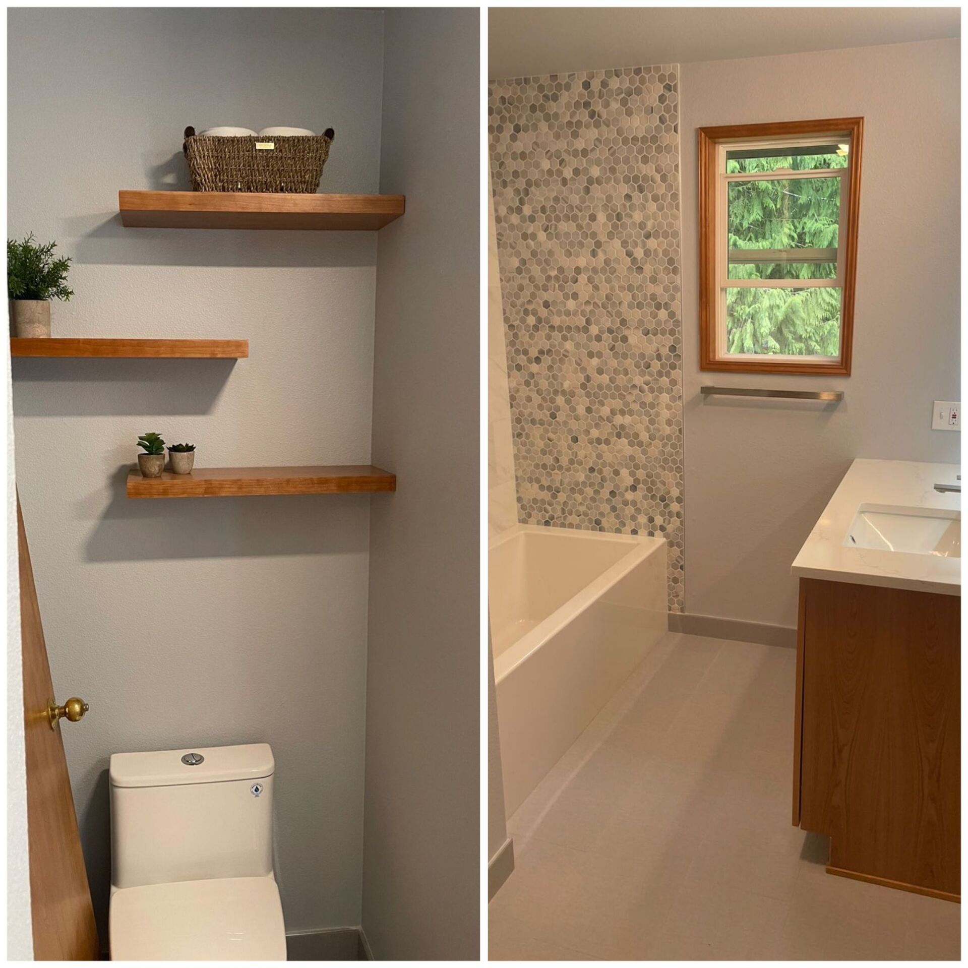 A before and after photo of a bathroom with a toilet , sink and bathtub.