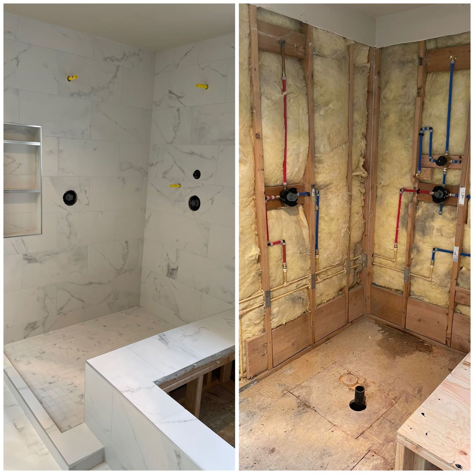 A before and after picture of a bathroom under construction.