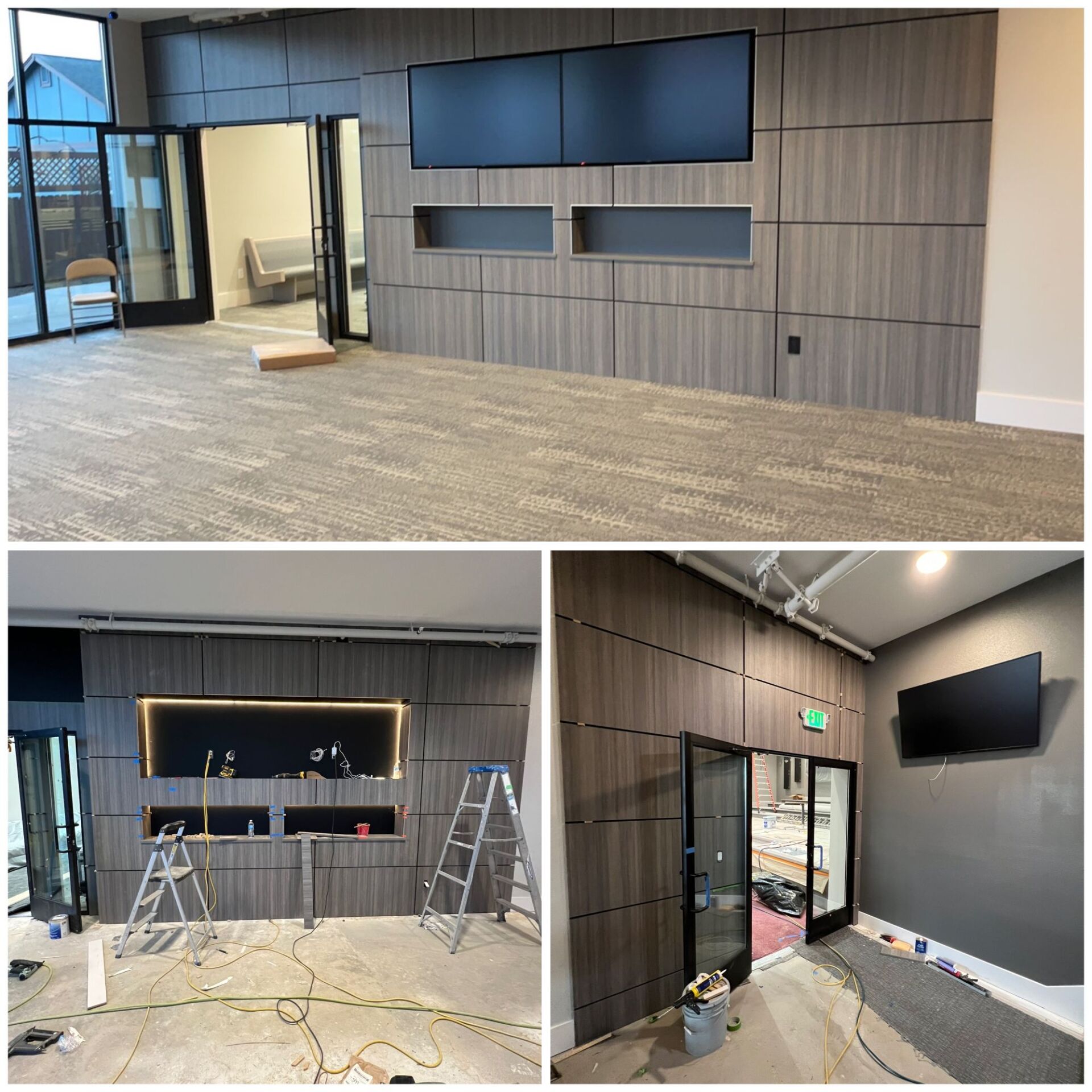 A collage of three pictures of a room being remodeled.