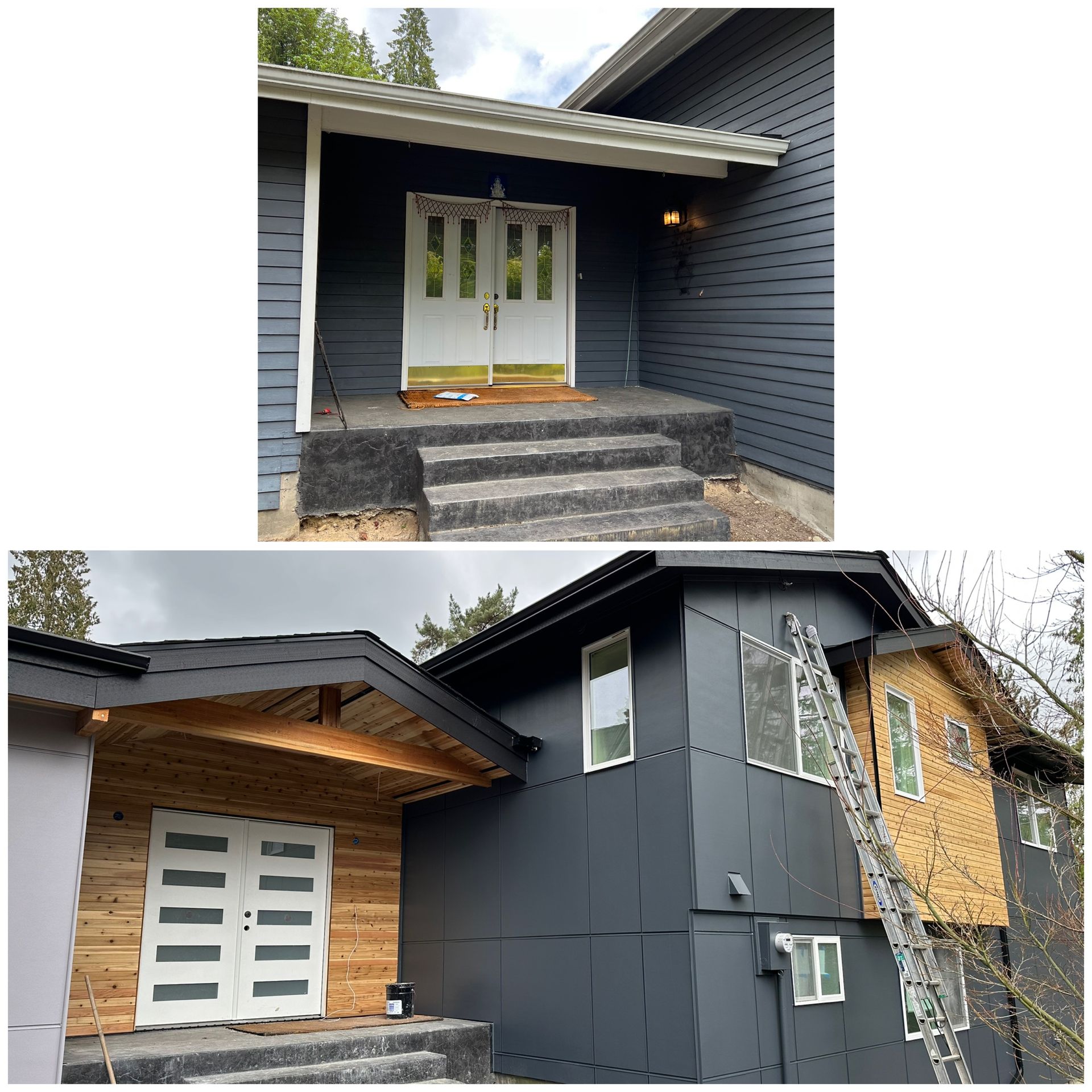 A before and after picture of a house that has been painted black.