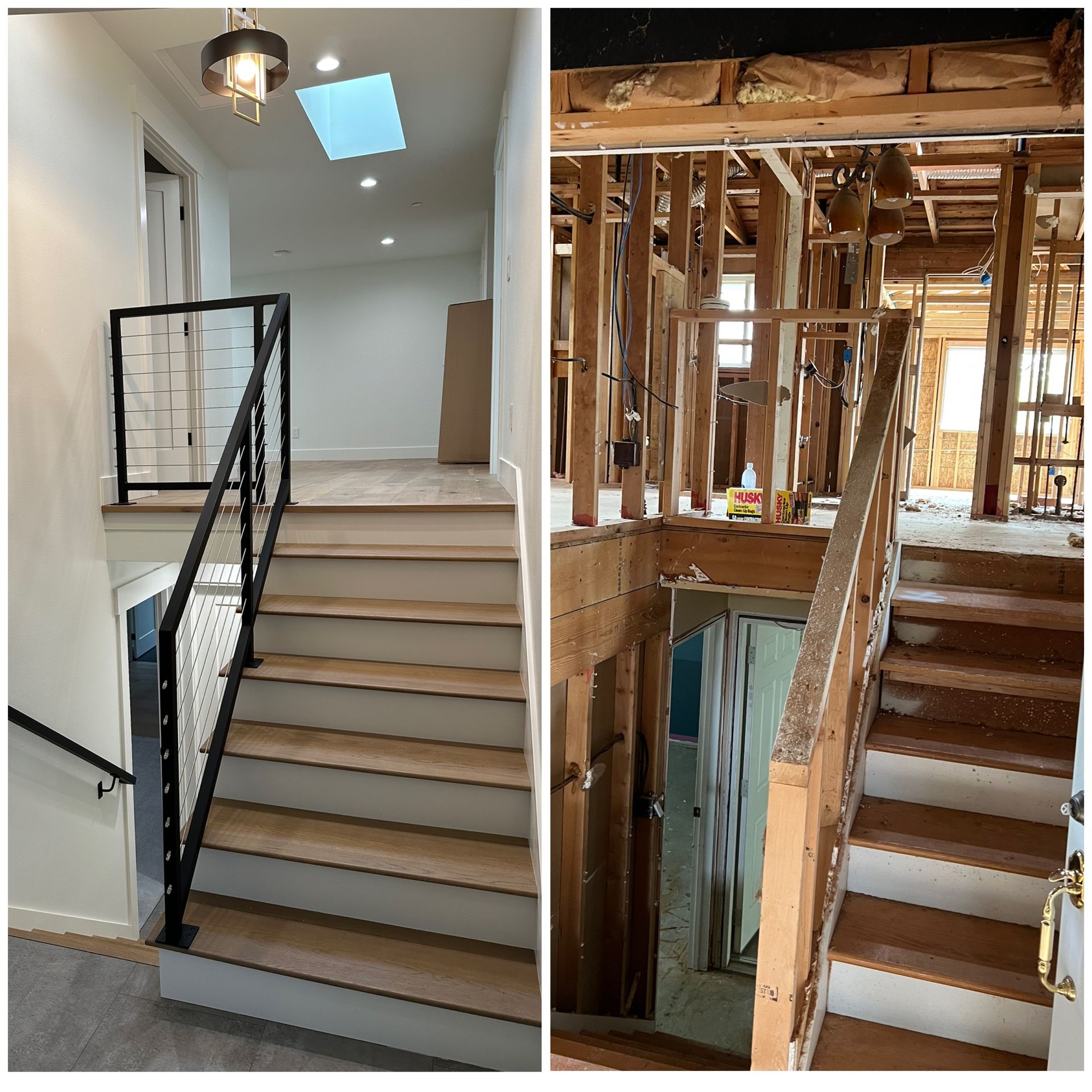 A before and after picture of a staircase in a house under construction.