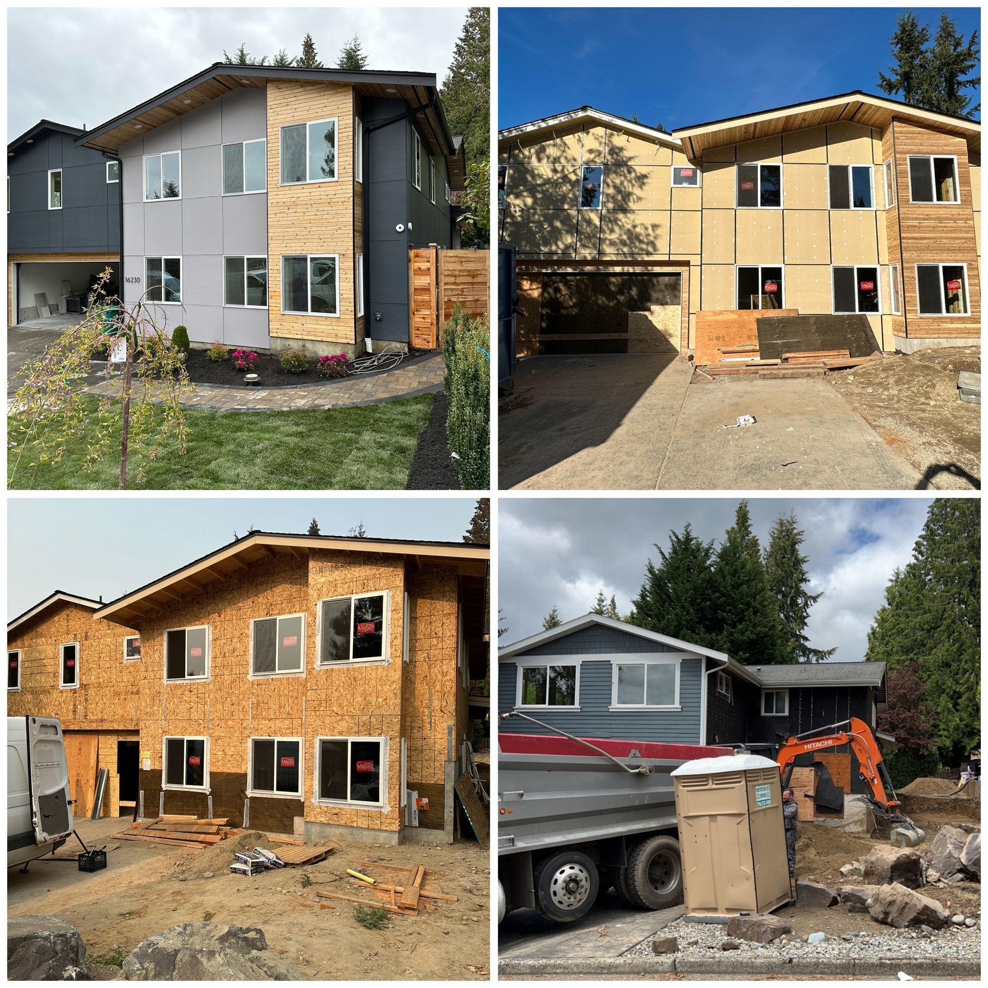 A collage of four pictures of a house under construction