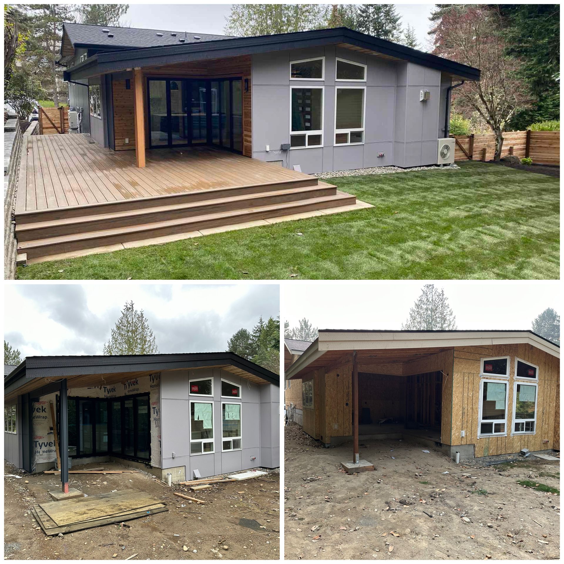 A collage of three pictures of a house under construction