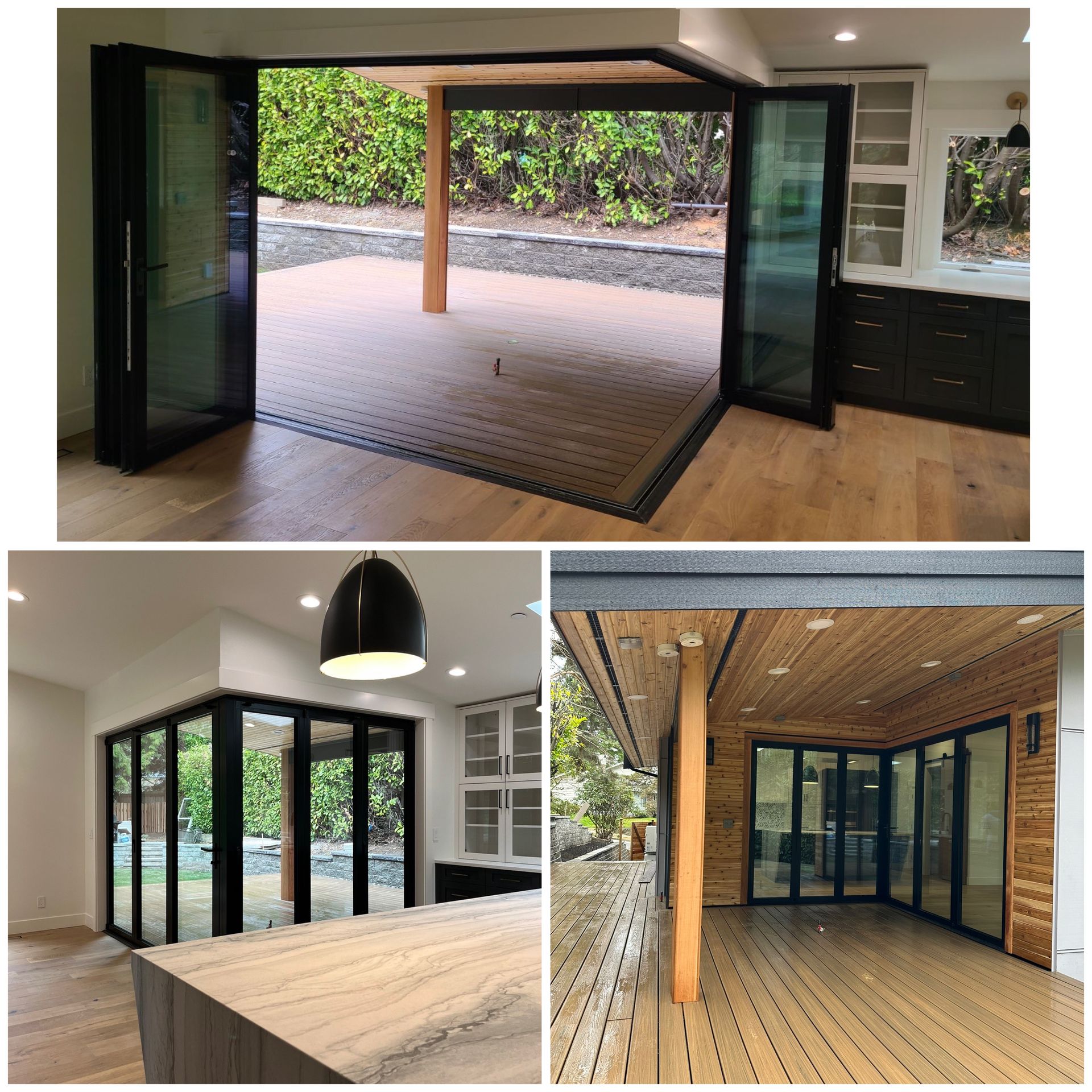 A collage of three pictures of a house with sliding glass doors