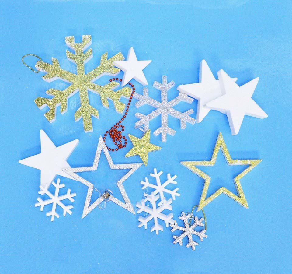 Styrofoam snowflakes and stars