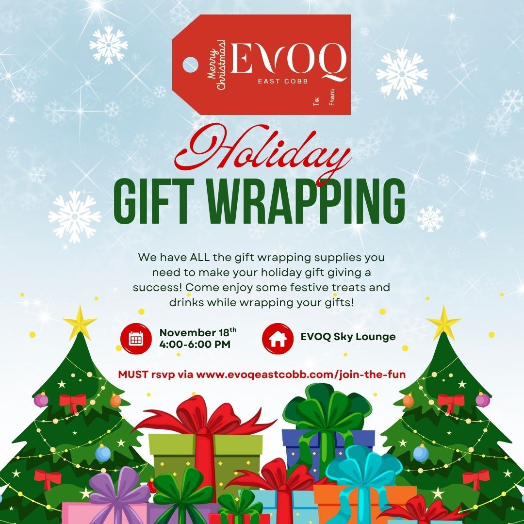 Holiday gift wrapping event at EVOQ Sky Lounge on November 16th, 4-6 PM. RSVP online.
