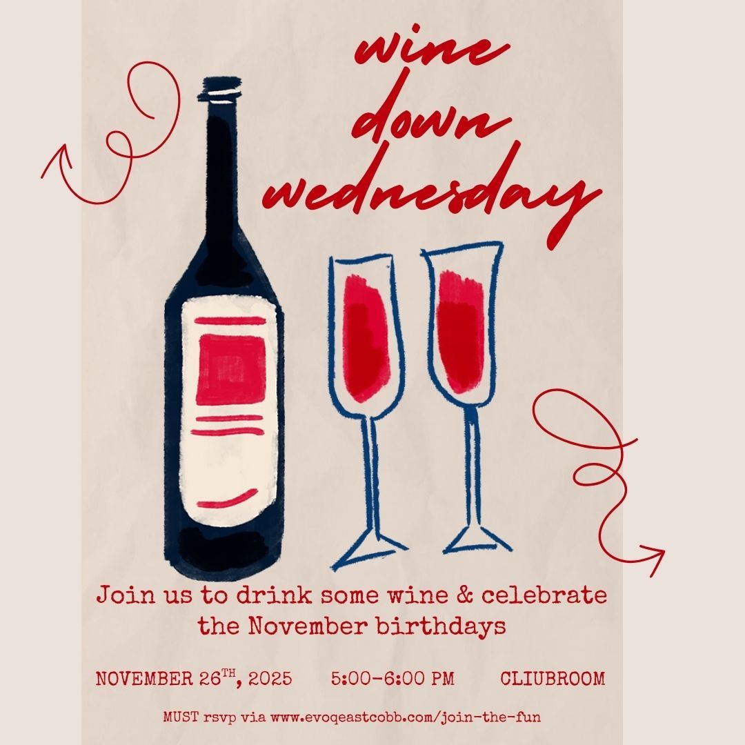 Wine Down Wednesday event poster with wine bottle, glasses, and text. November 28th, 2025, 6-8pm.
