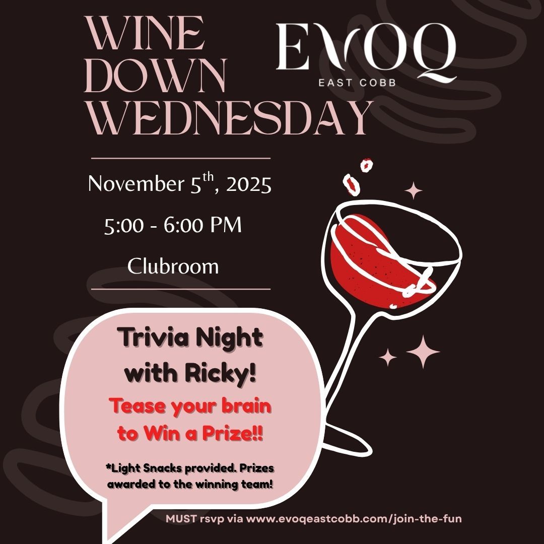 Wine Down Wednesday event poster with trivia. Date: Nov 5, 2025, 5-6 PM at EVOO Clubroom. Features wine glass and text