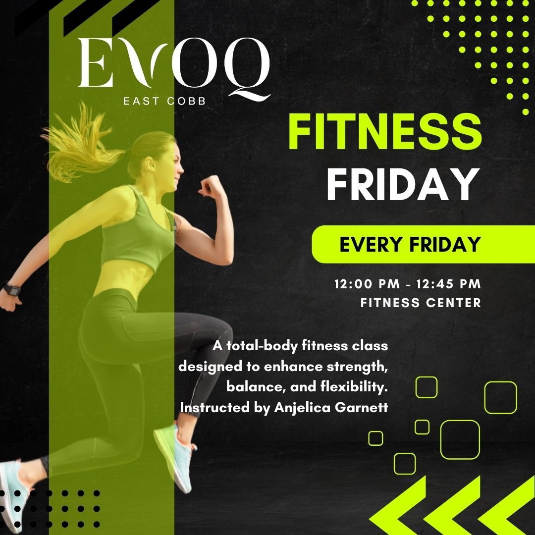 Fitness class advertisement: Woman exercising, neon green highlights, black background, text