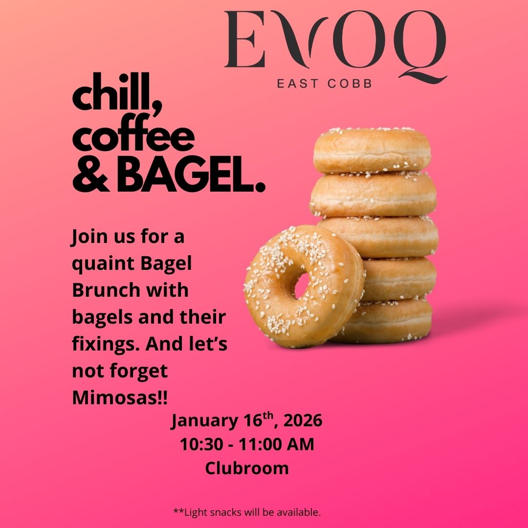 Pink flyer promoting a bagel brunch with coffee and mimosas at the EVOQ East Cobb clubroom on January 16, 2026.
