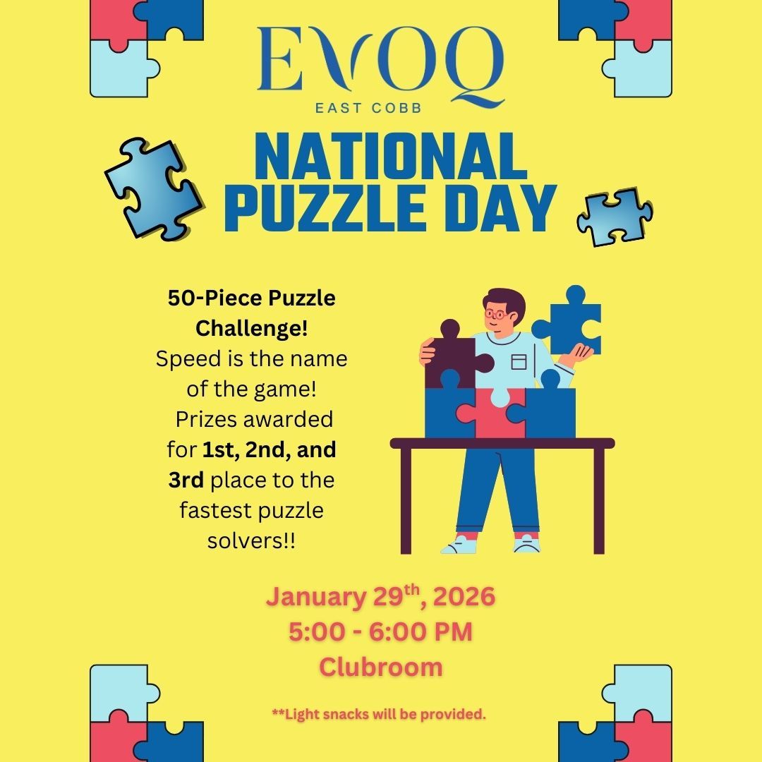 Flyer: National Puzzle Day at EVOQ, January 29, 2026, 5:00-6:00 PM in the Clubroom. 50-piece puzzle challenge with prizes.