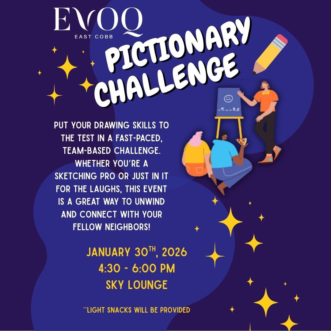Poster: Pictionary challenge at Sky Lounge, January 30, 2026. People drawing, stars, and text on a blue background.