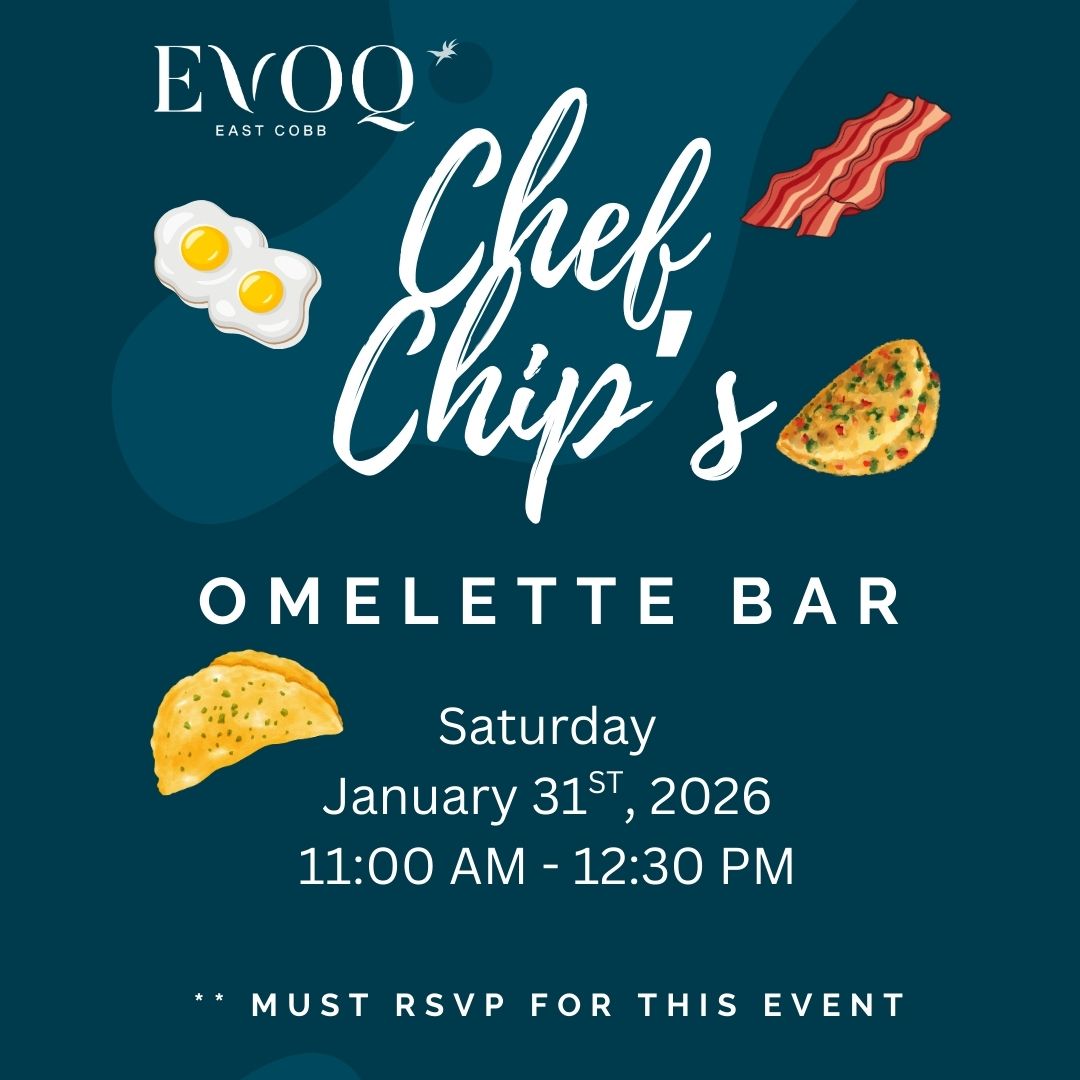 An event flyer for Chef Chip's Omelette Bar at EVOQ on Saturday, January 31, 2026. Includes food illustrations and RSVP information.