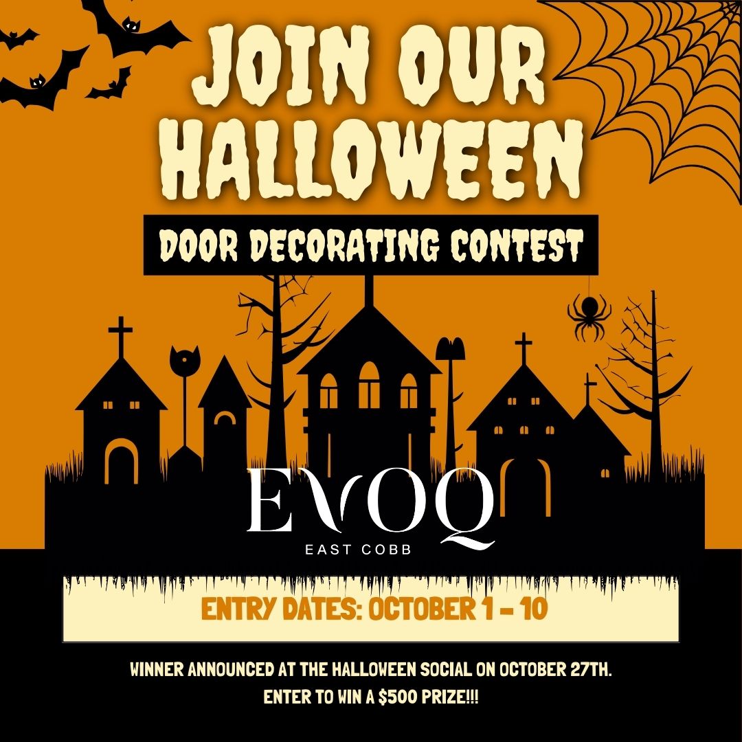 Halloween door decorating contest advertisement. Orange background with spooky buildings. Entry dates: Oct 1-10. $500 prize.