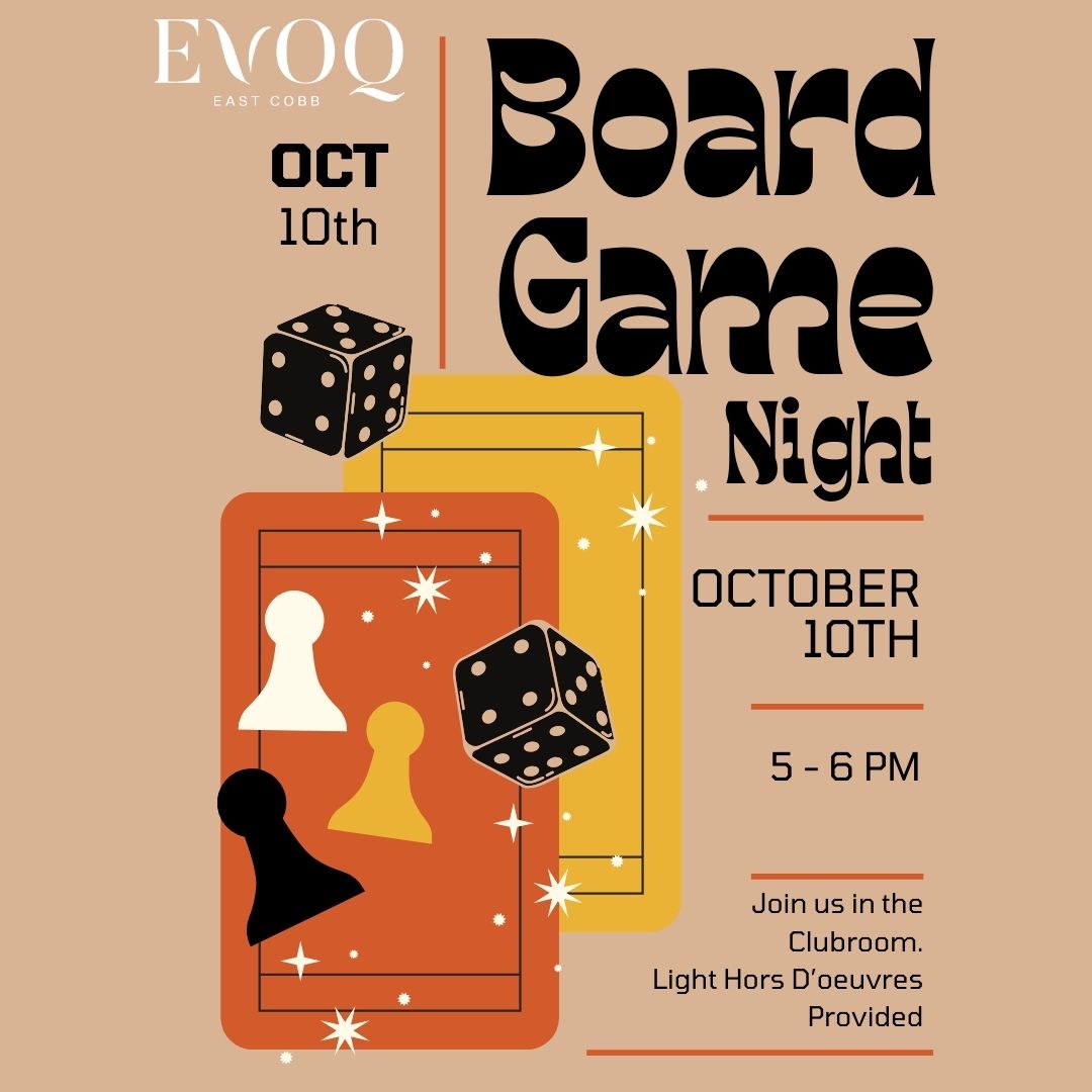 Board Game Night at EVOQ Bar & Club, October 10th, 5-6 PM. Orange, gold, and black dice and game pieces on beige.