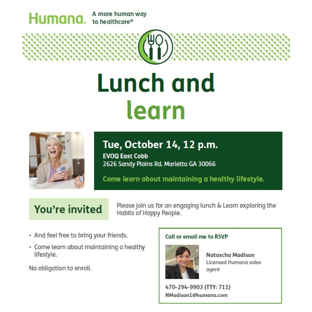 Humana lunch and learn event invitation: October 14, 12 p.m. at EVCO East Cobb. Learn about healthy lifestyles.